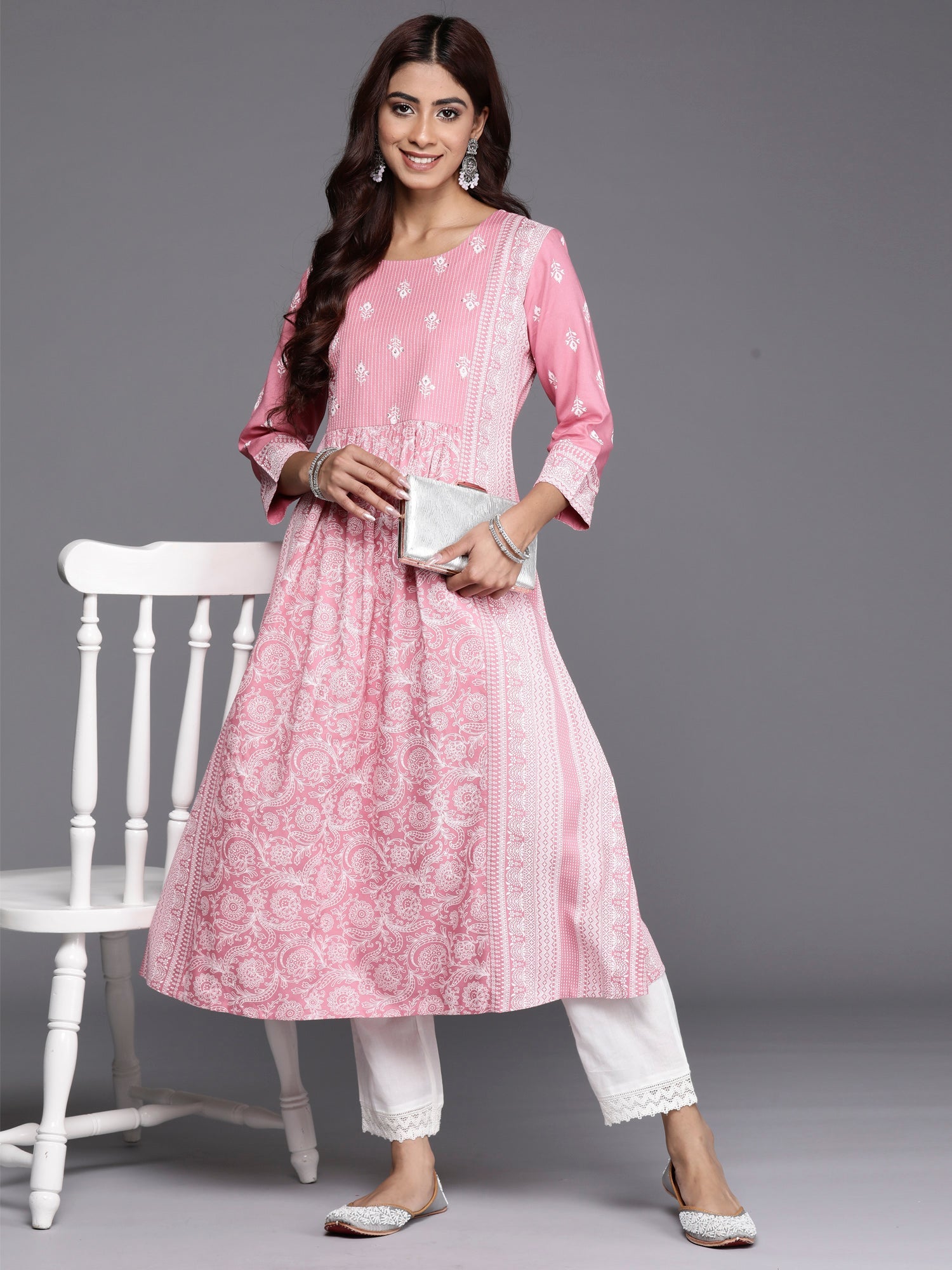 Indo Era Pink Printed A-Line Kurta
