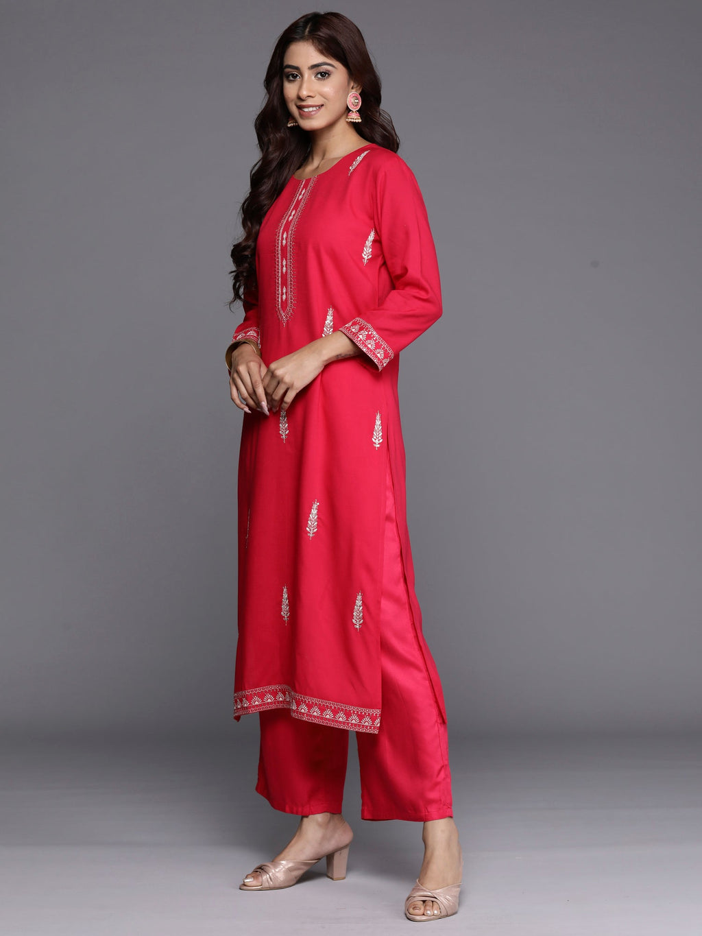 Indo Era Magenta Embroidered Straight Kurta
