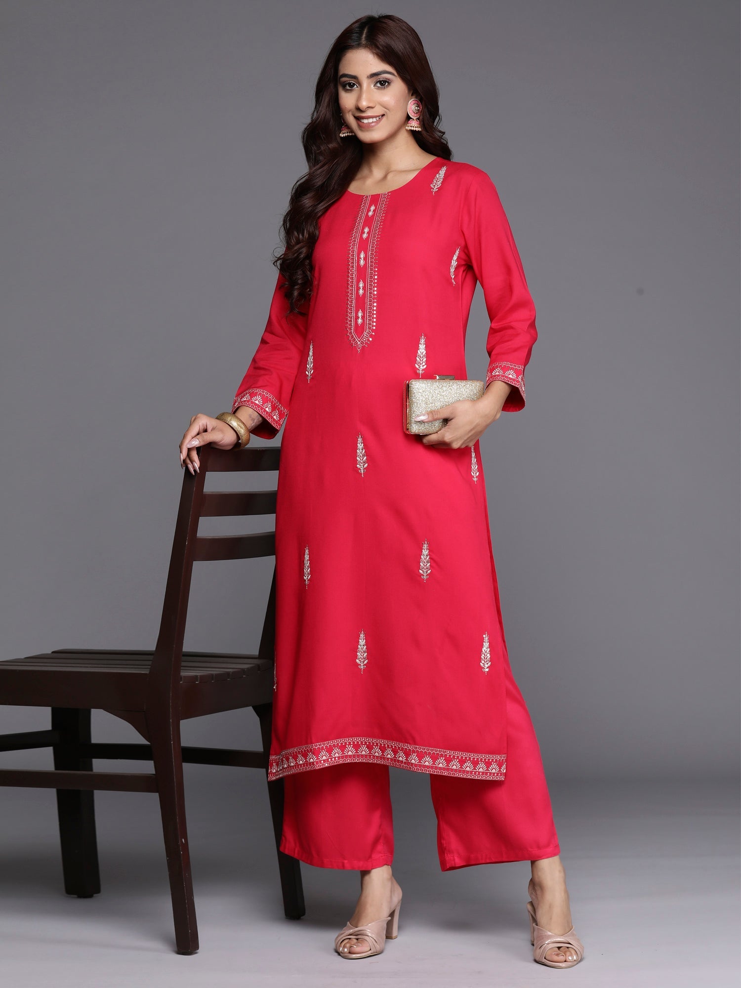 Indo Era Magenta Embroidered Straight Kurta