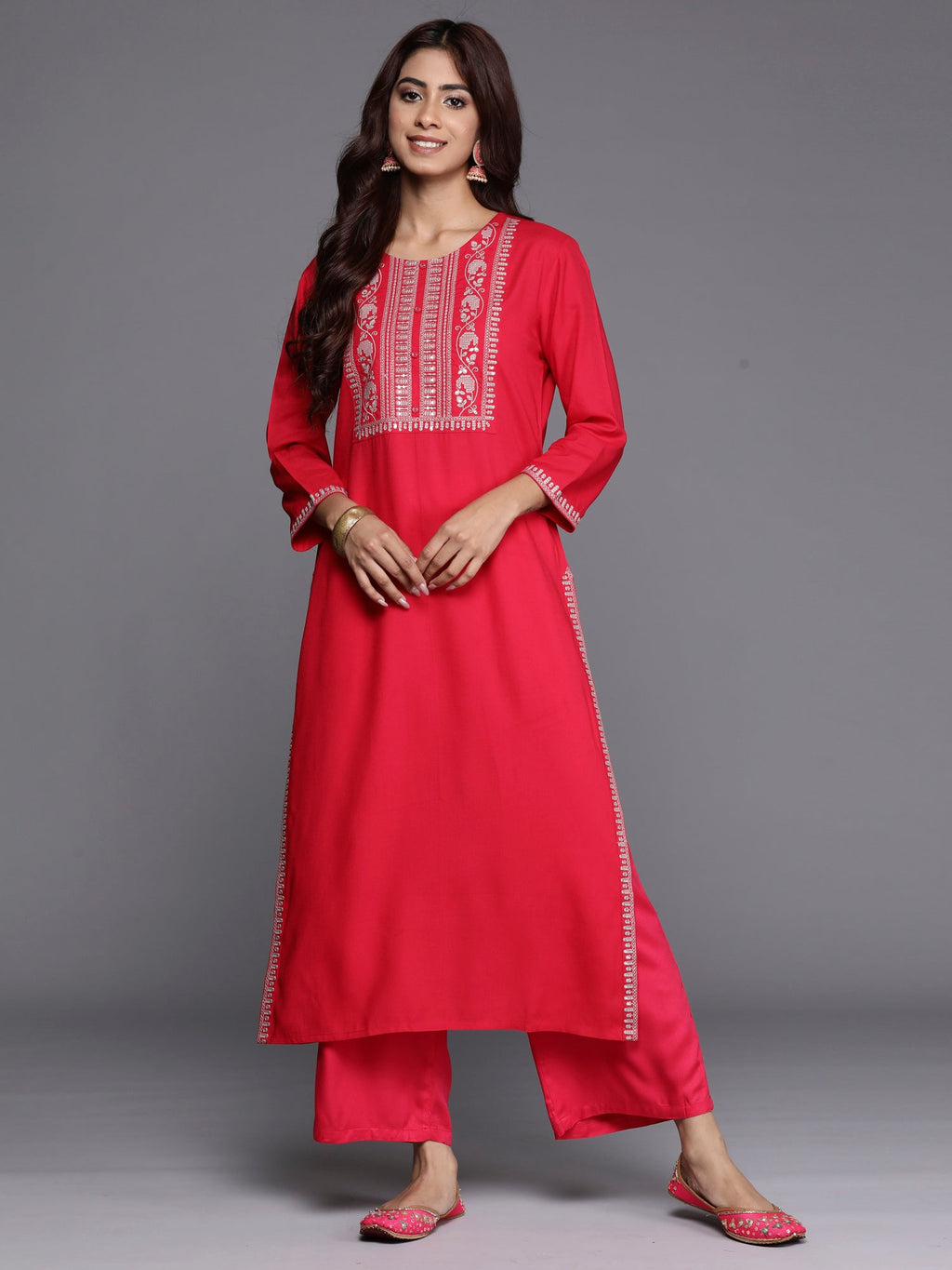 Indo Era Magenta Embroidered Straight Kurta
