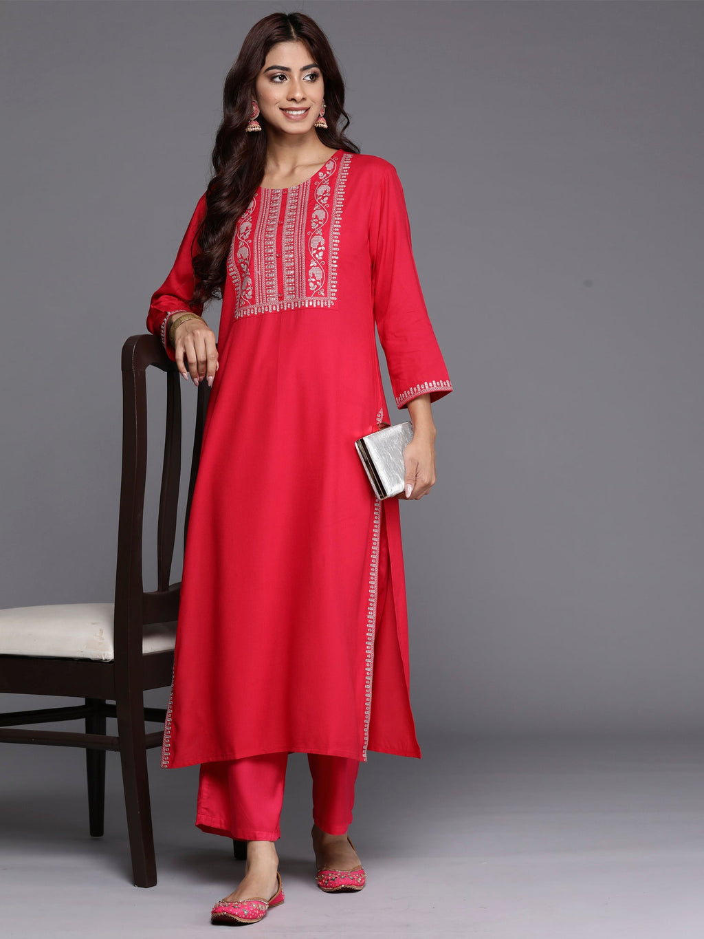 Indo Era Magenta Embroidered Straight Kurta