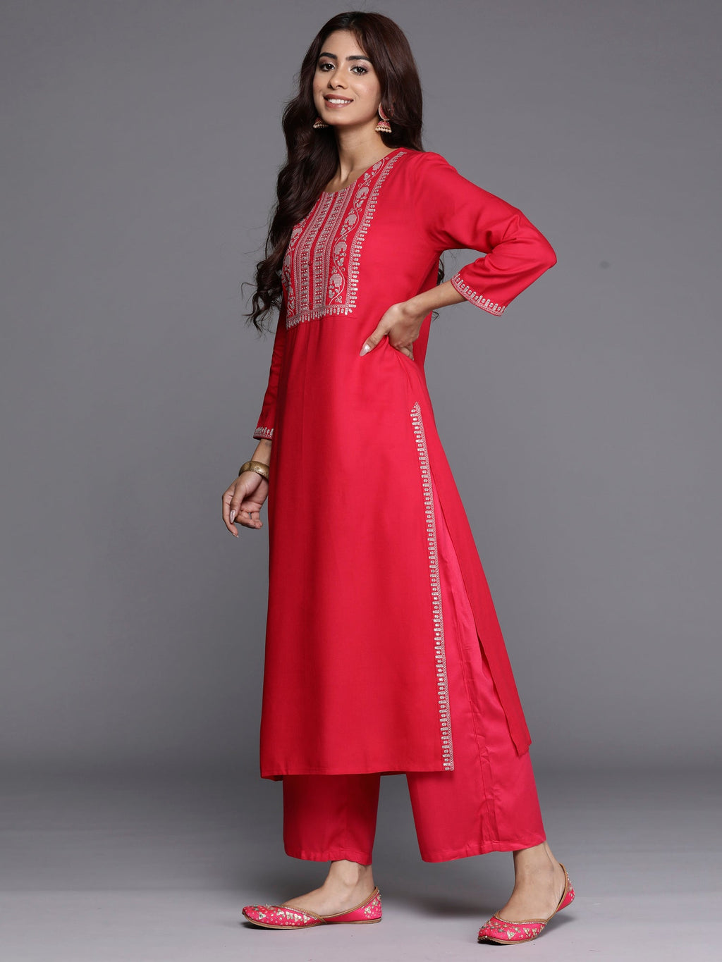 Indo Era Magenta Embroidered Straight Kurta