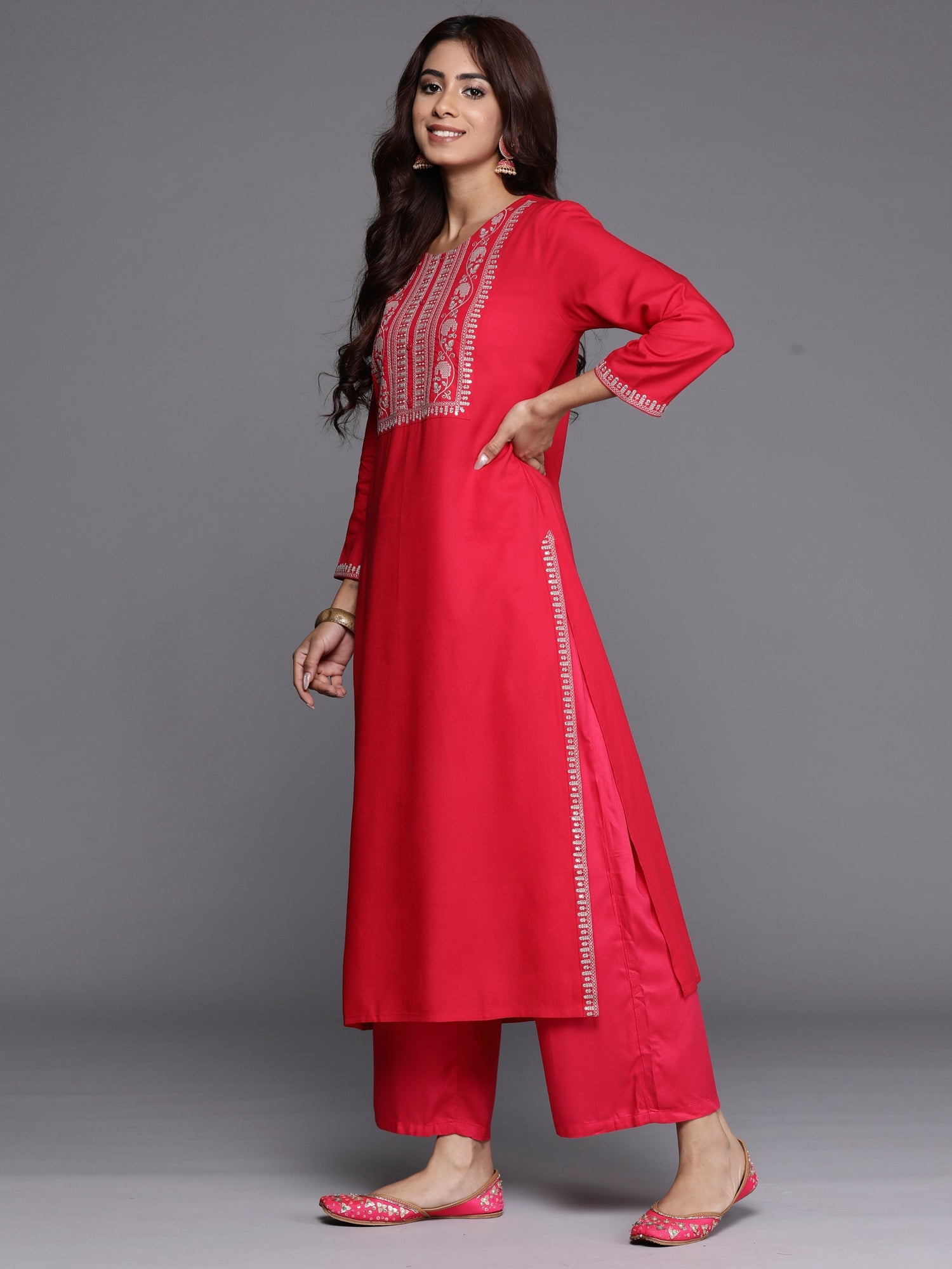 Indo Era Magenta Embroidered Straight Kurta