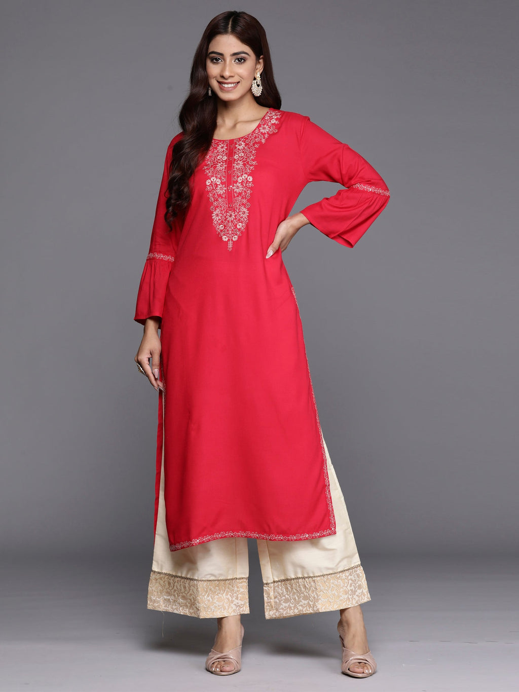 Indo Era Magenta Embroidered Straight Kurta