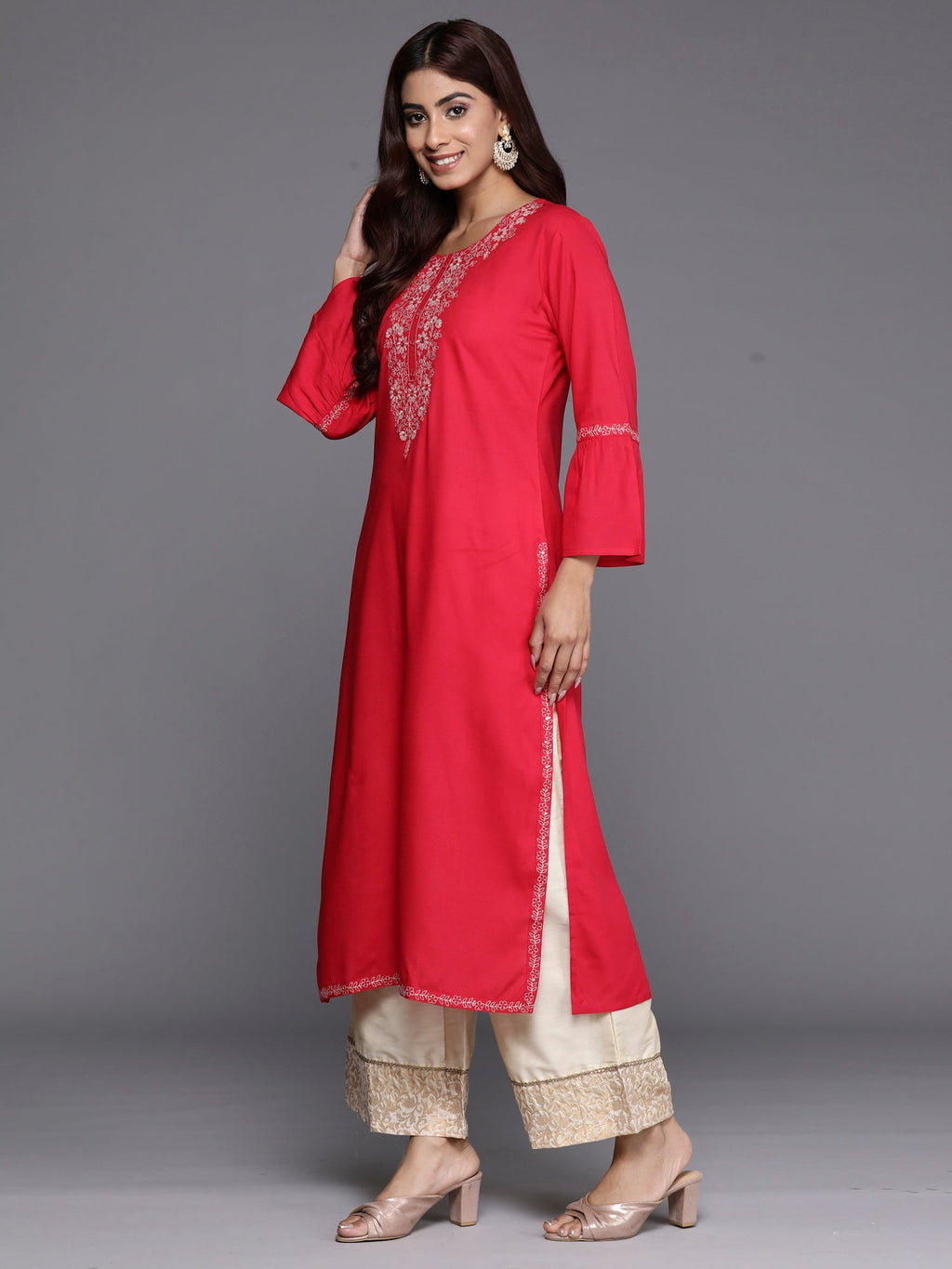 Indo Era Magenta Embroidered Straight Kurta