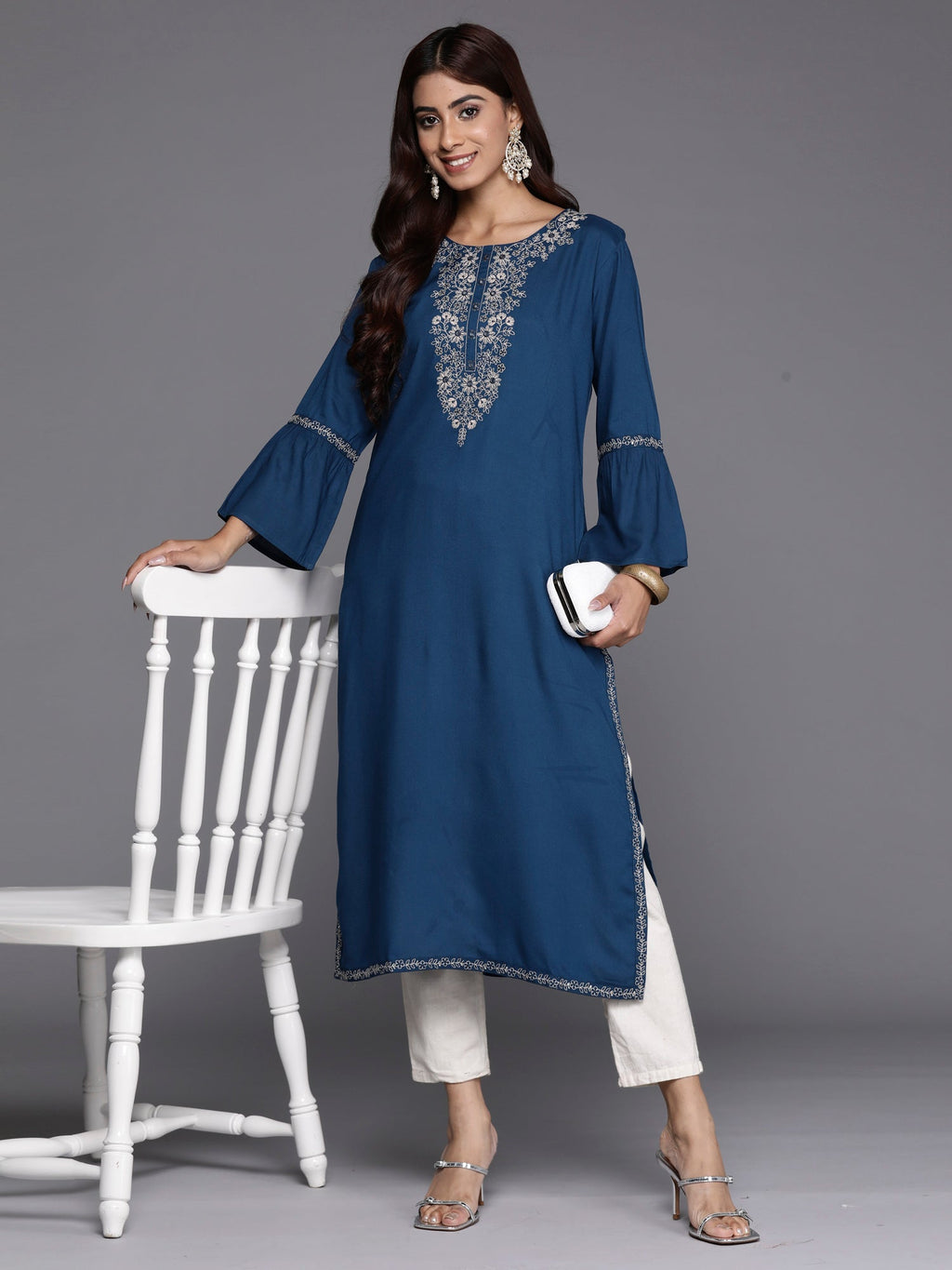 Indo Era Teal Embroidered Straight Kurta