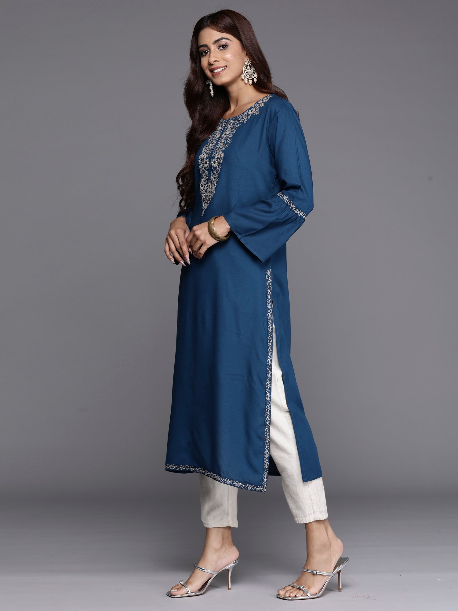 Indo Era Teal Embroidered Straight Kurta
