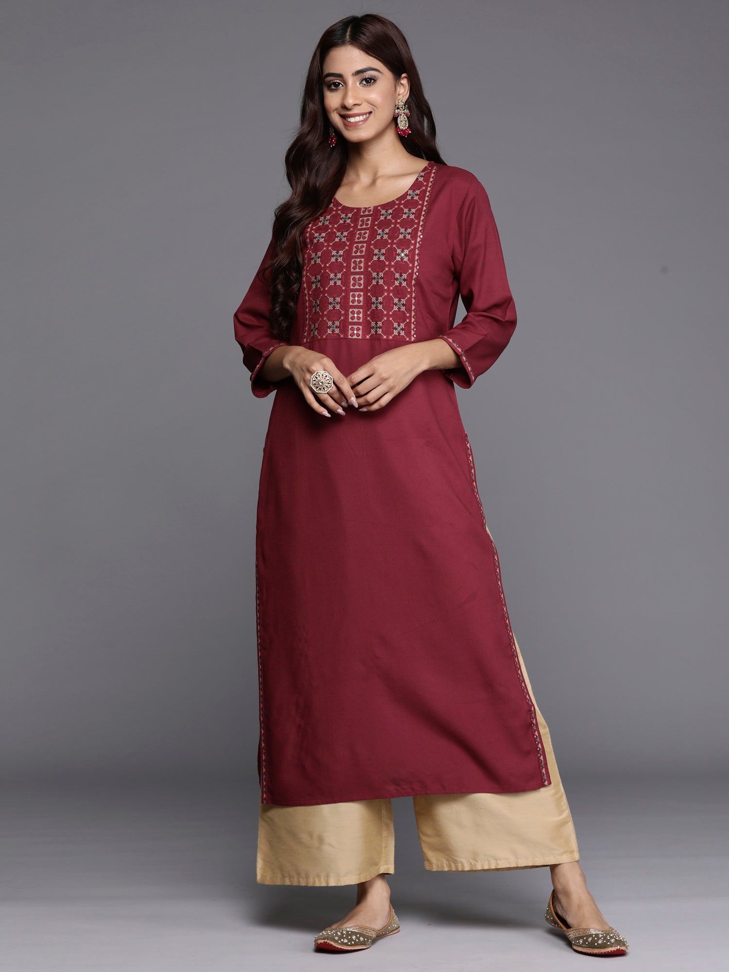 Indo Era Burgundy Embroidered Straight Kurta