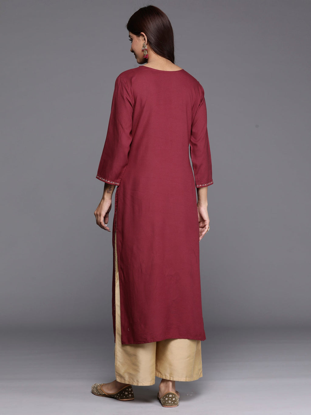 Indo Era Burgundy Embroidered Straight Kurta