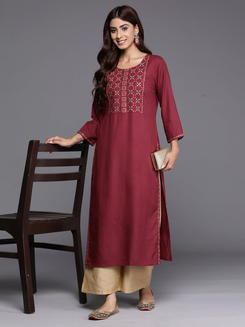 Indo Era Burgundy Embroidered Straight Kurta