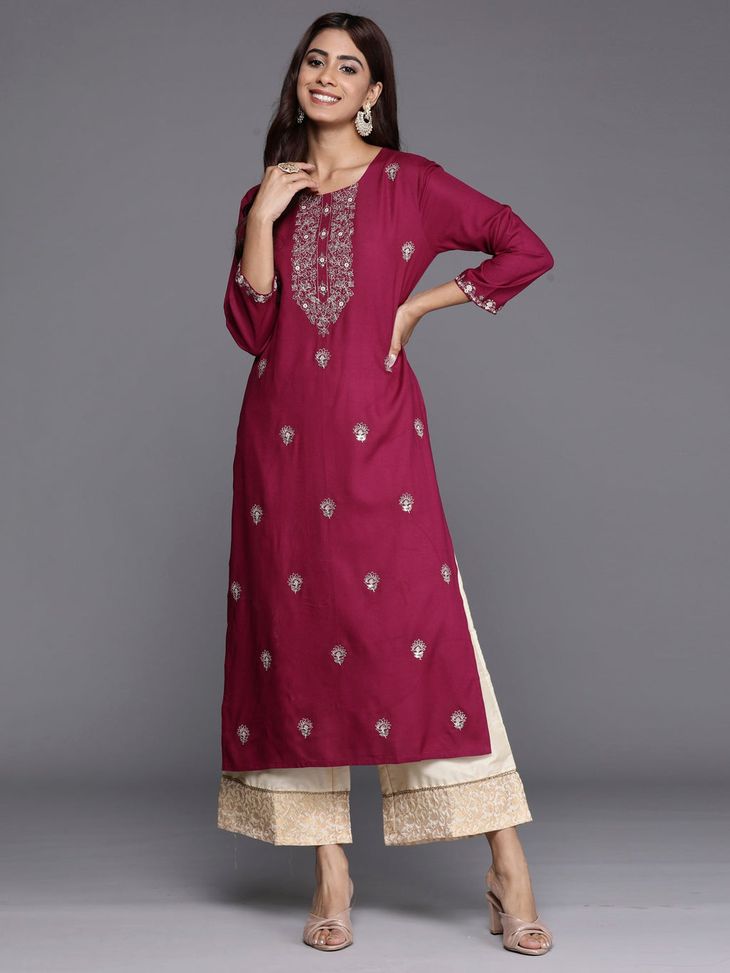 Indo Era Burgundy Embroidered Straight Kurta