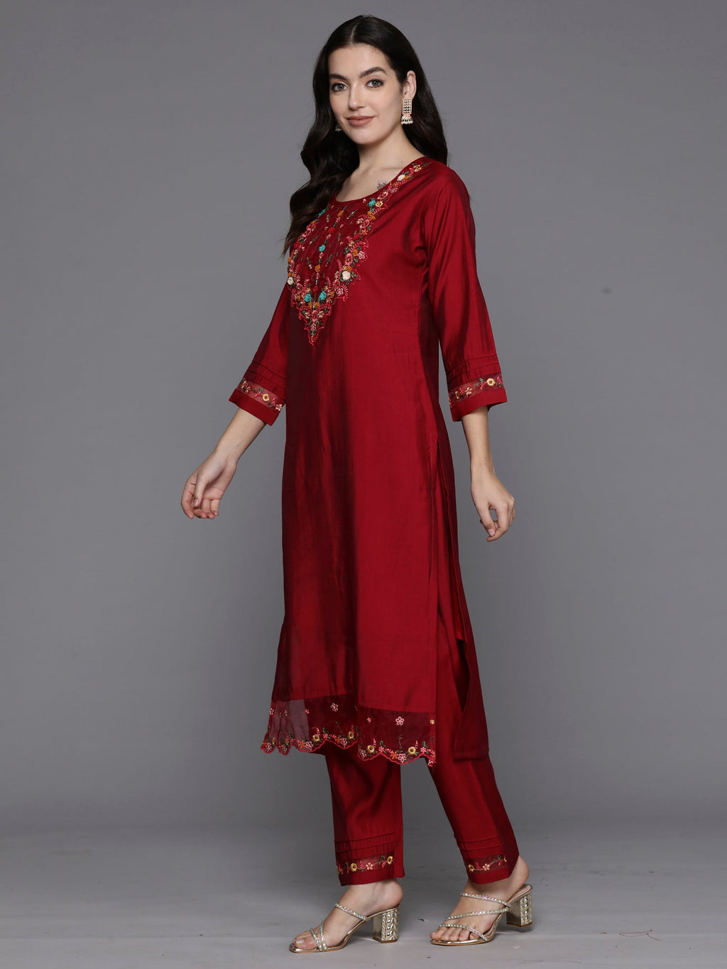Indo Era Magenta Embroidered A-Line Kurta Trousers With Dupatta Set