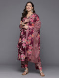 Indo Era Burgundy Printed Straight Kurta Trousers With Dupatta Set