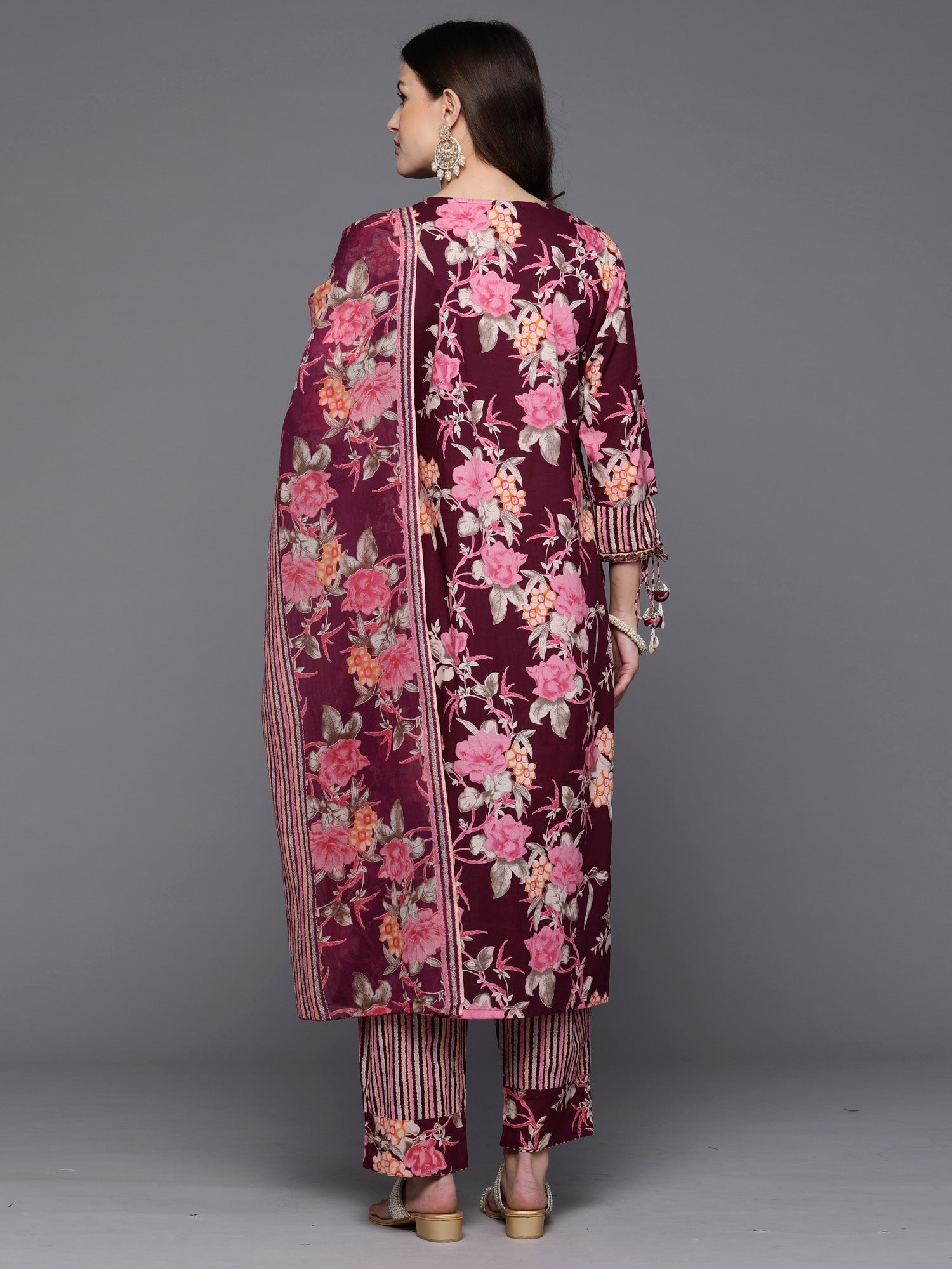 Indo Era Burgundy Printed Straight Kurta Trousers With Dupatta Set