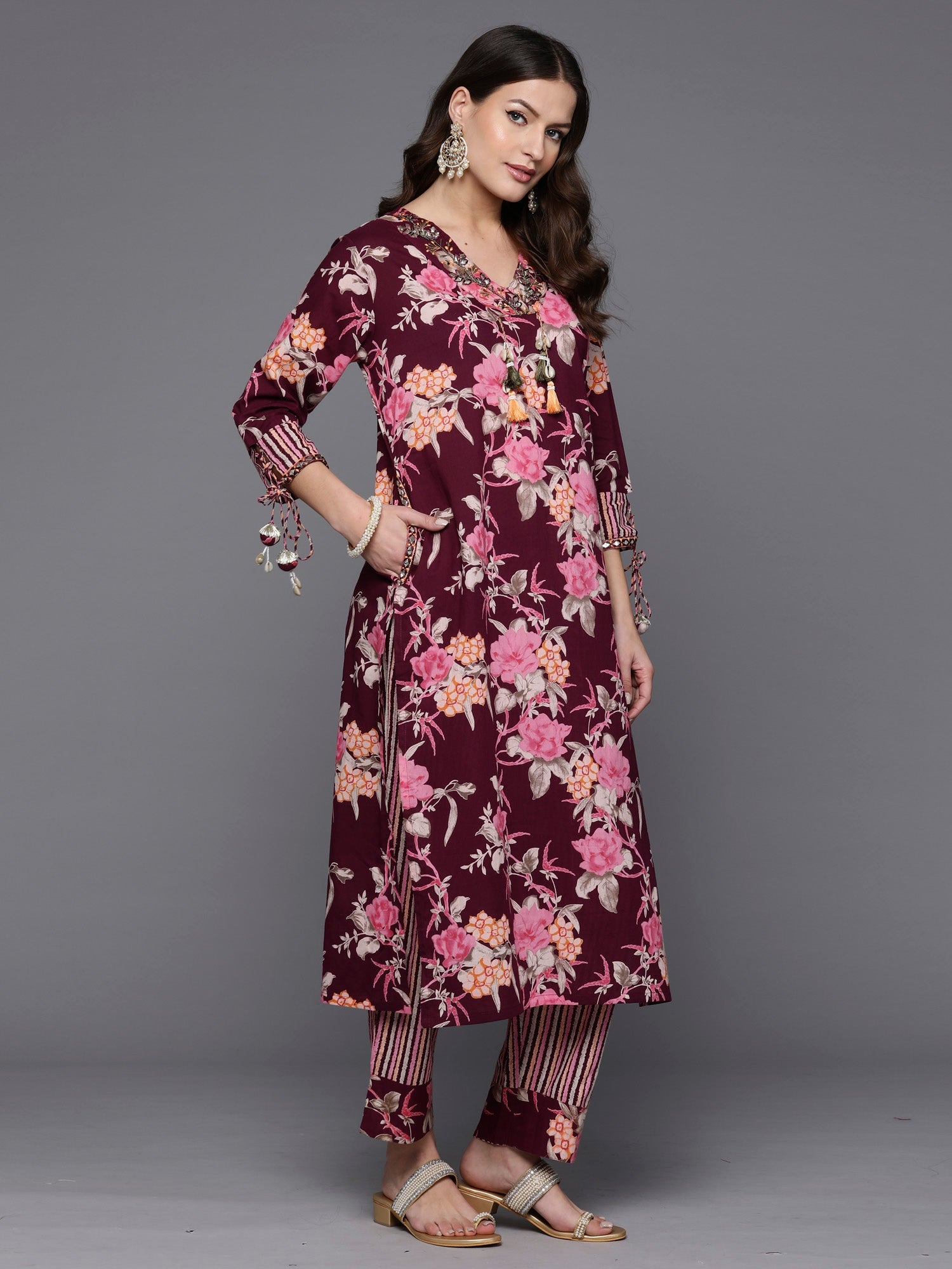 Indo Era Burgundy Printed Straight Kurta Trousers With Dupatta Set