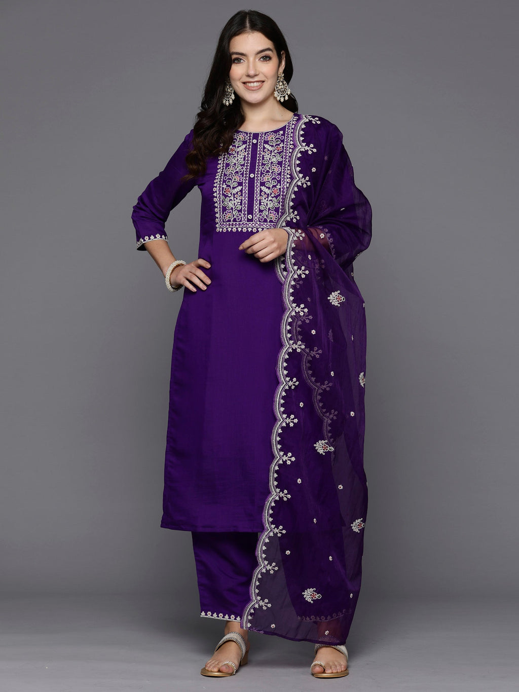 Indo Era Purple Embroidered Straight Kurta Trousers With Dupatta set