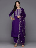 Indo Era Purple Embroidered Straight Kurta Trousers With Dupatta set