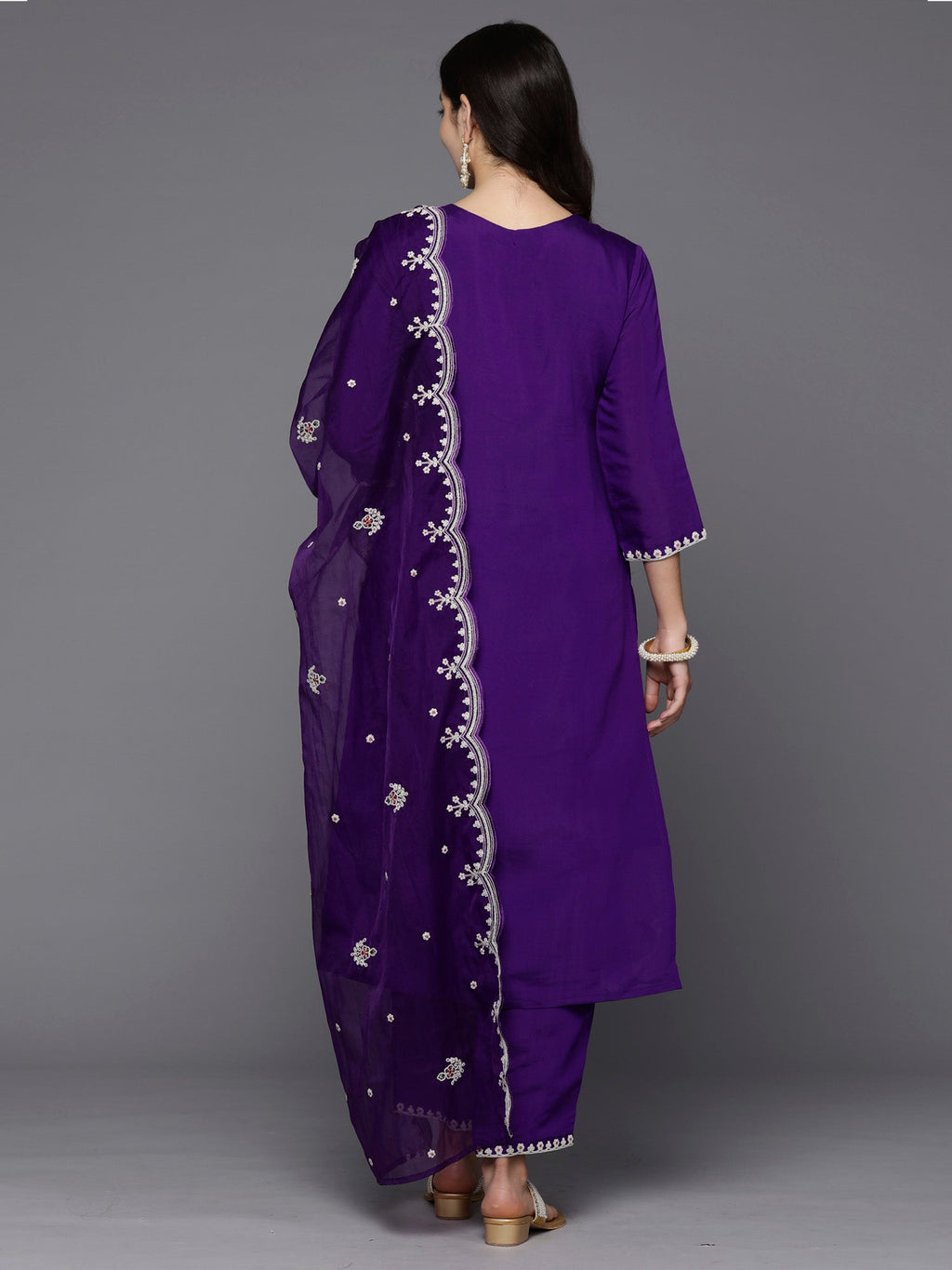 Indo Era Purple Embroidered Straight Kurta Trousers With Dupatta set