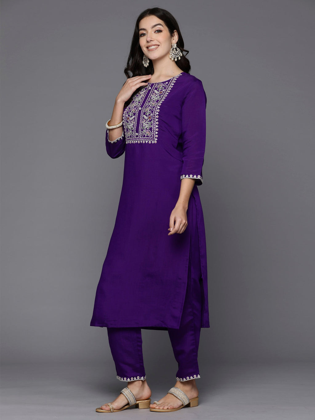 Indo Era Purple Embroidered Straight Kurta Trousers With Dupatta set