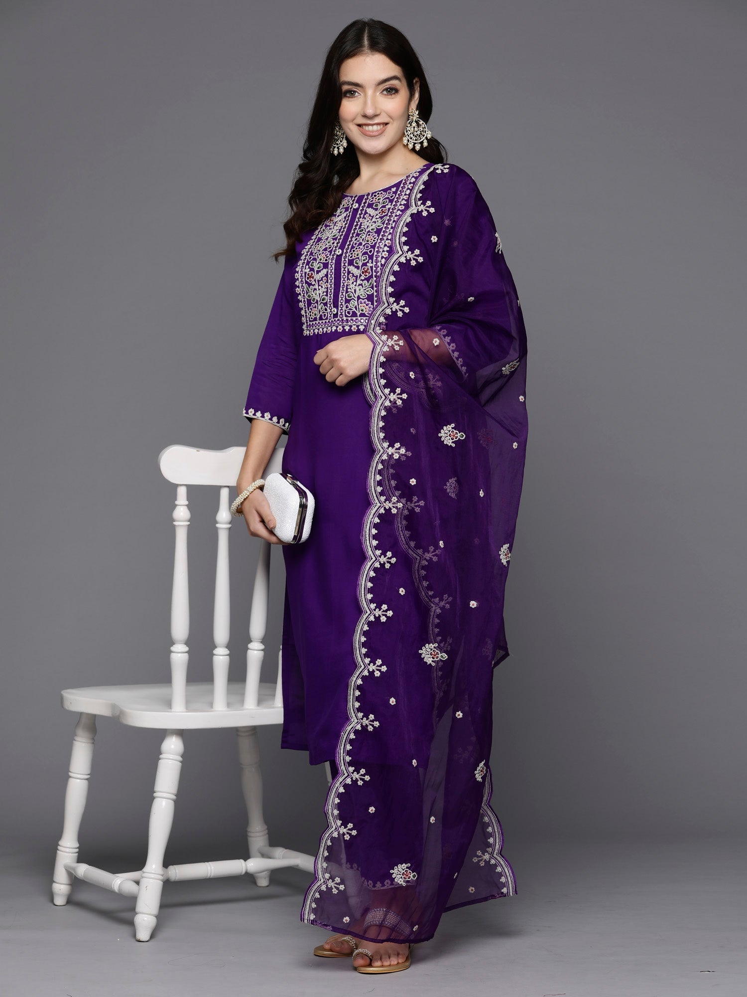 Indo Era Purple Embroidered Straight Kurta Trousers With Dupatta set