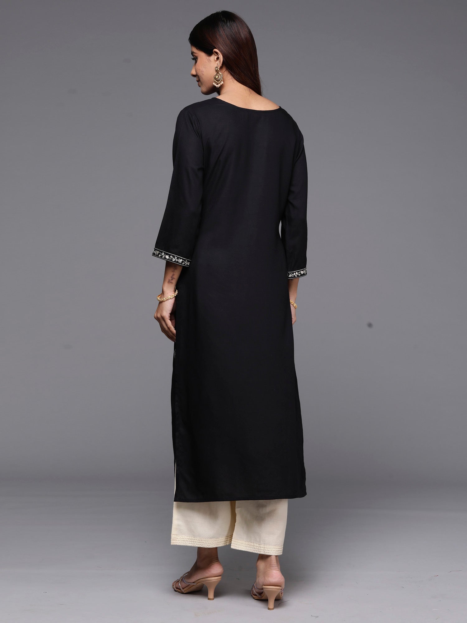 Indo Era Black Embroidered Straight Kurta