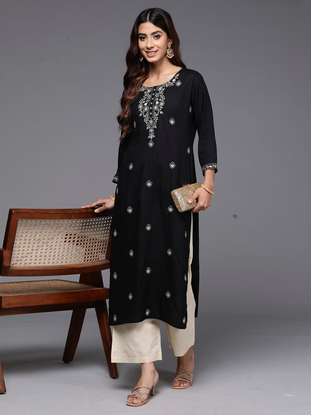 Indo Era Black Embroidered Straight Kurta
