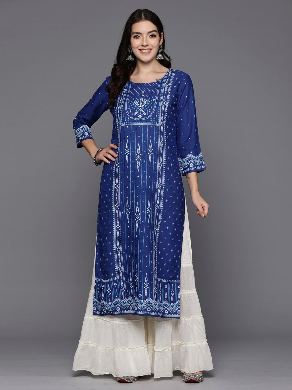 Indo Era Blue Printed Straight Kurta