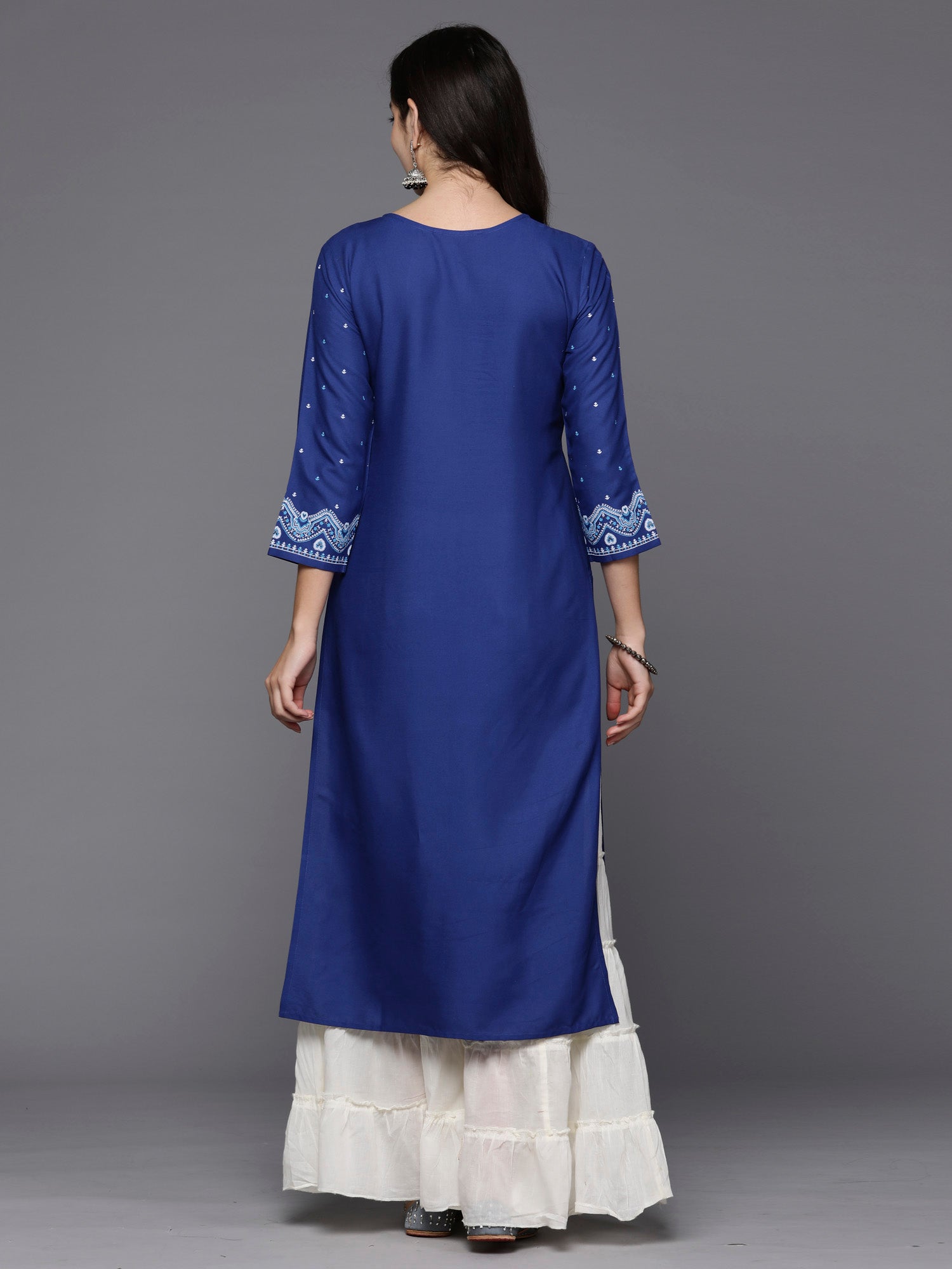 Indo Era Blue Printed Straight Kurta