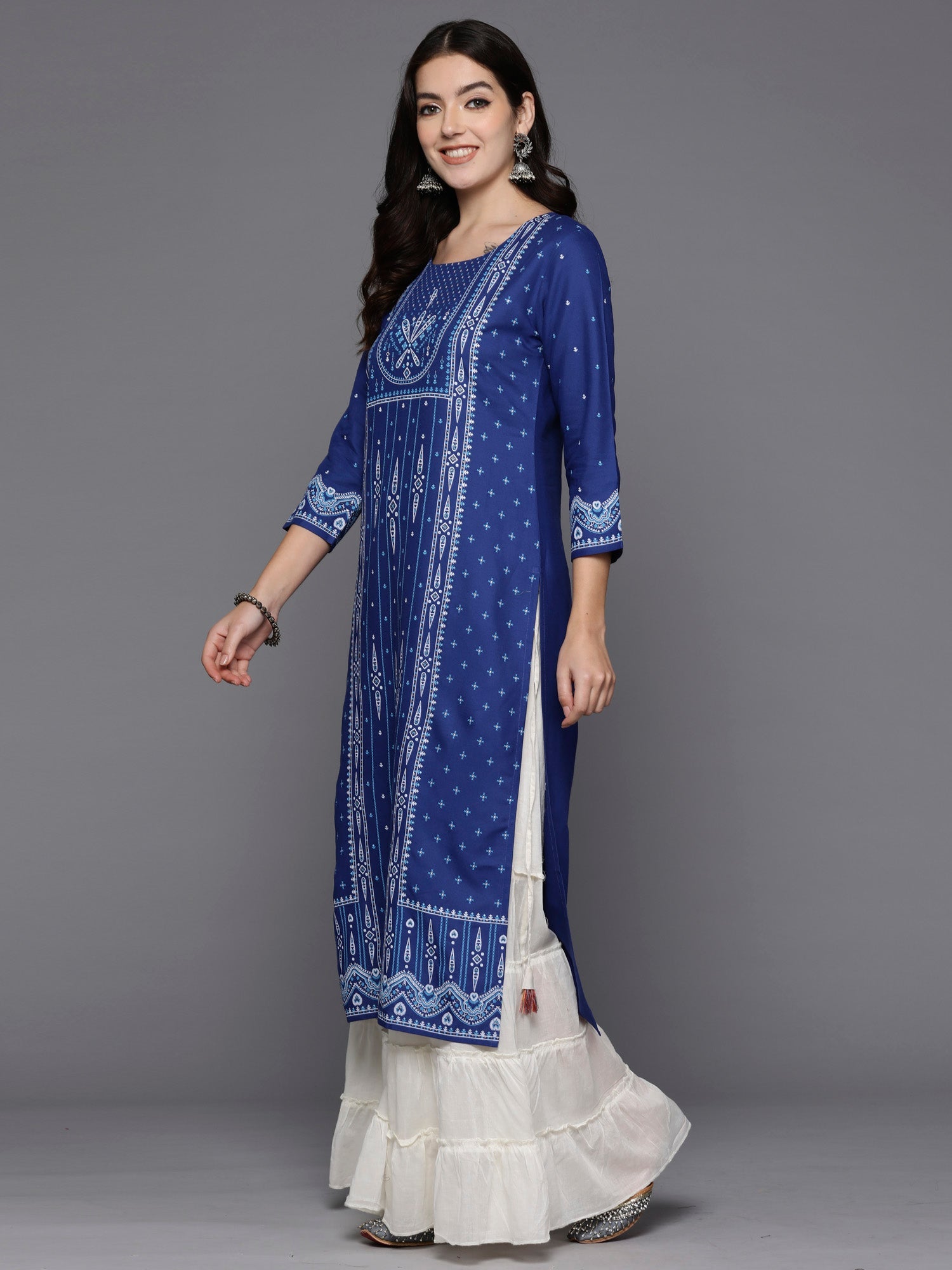 Indo Era Blue Printed Straight Kurta