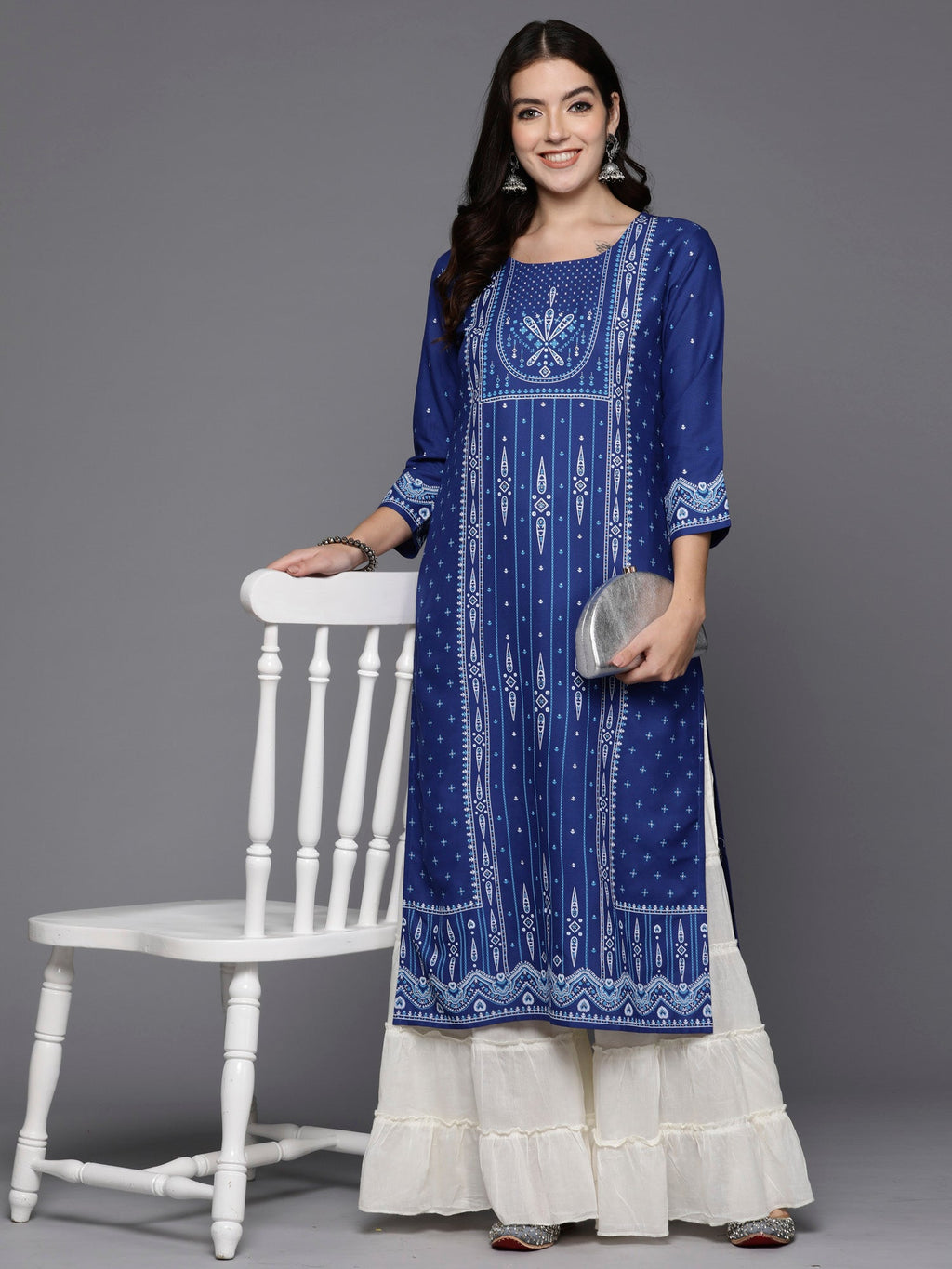 Indo Era Blue Printed Straight Kurta