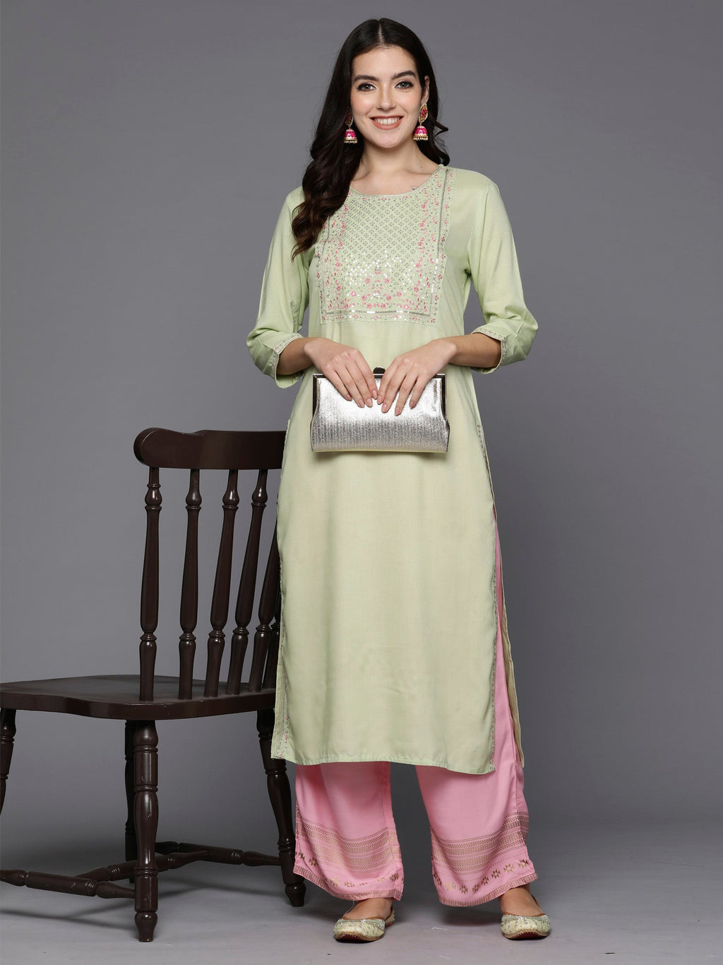 Indo Era Green Embroidered Straight Kurta