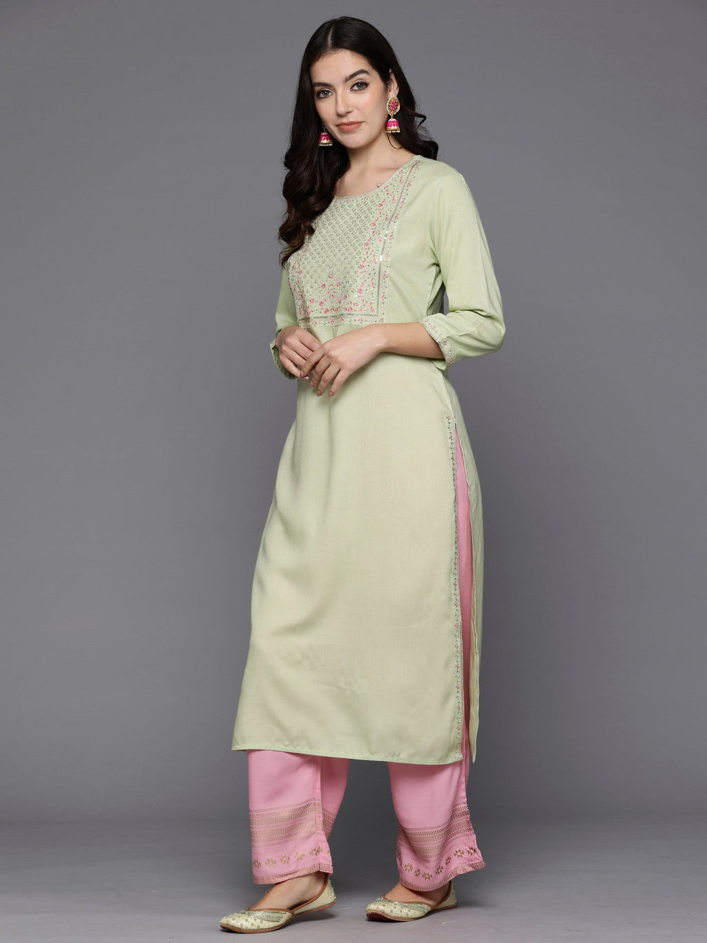 Indo Era Green Embroidered Straight Kurta