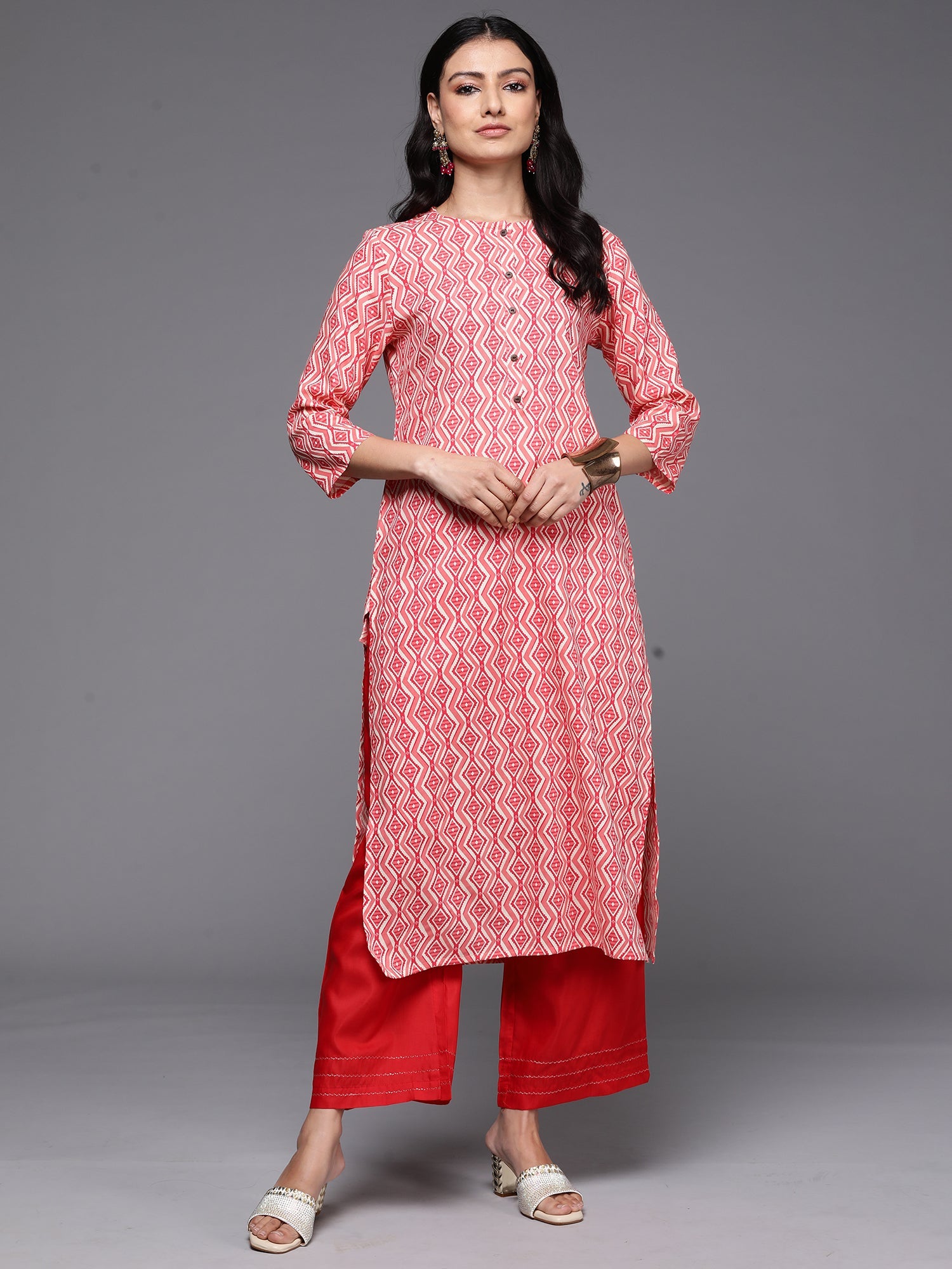 Indo Era Peach Printed Straight Kurta