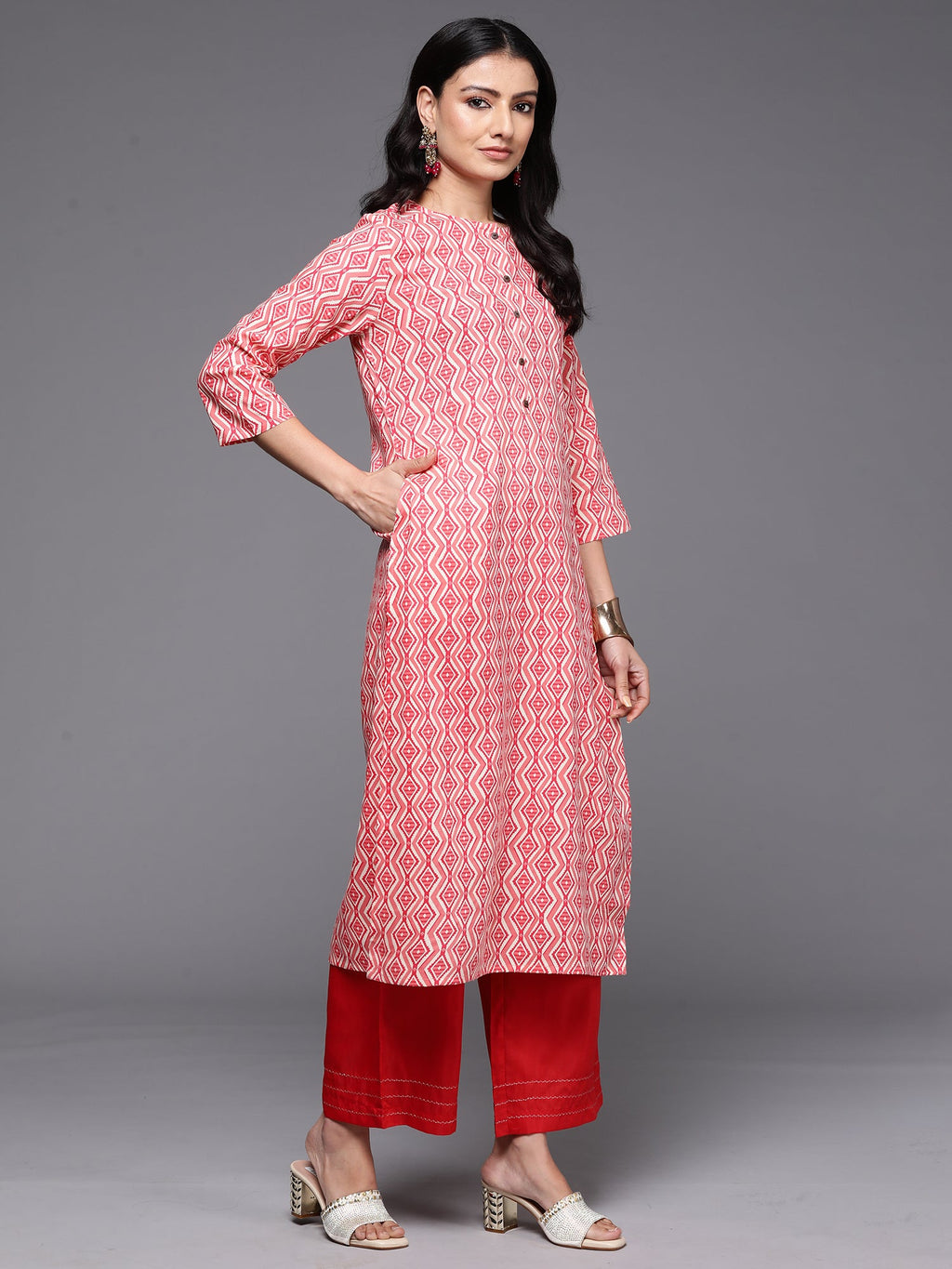 Indo Era Peach Printed Straight Kurta