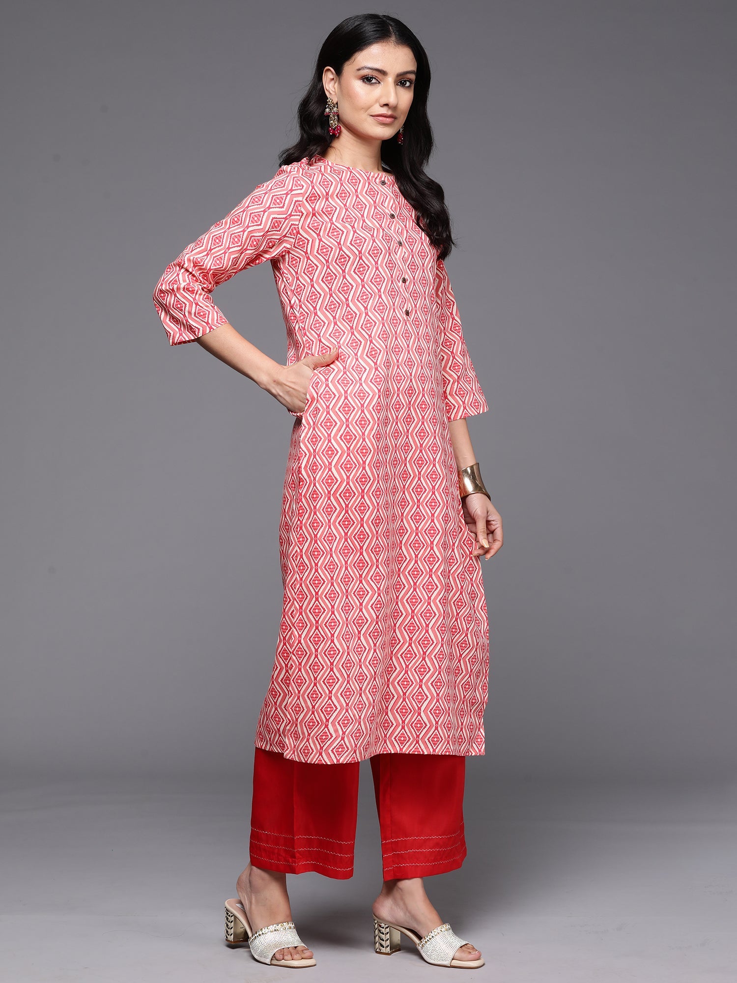 Indo Era Peach Printed Straight Kurta