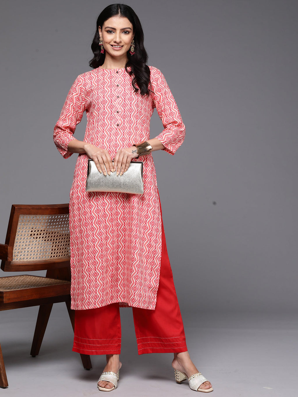 Indo Era Peach Printed Straight Kurta