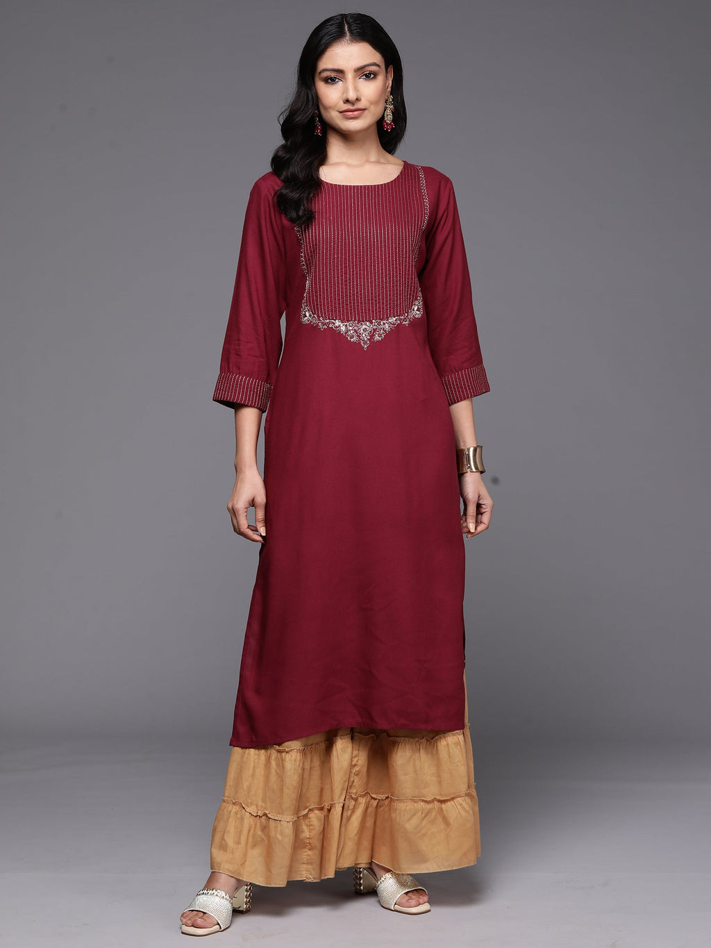Indo Era Burgundy Embroidered Straight Kurta