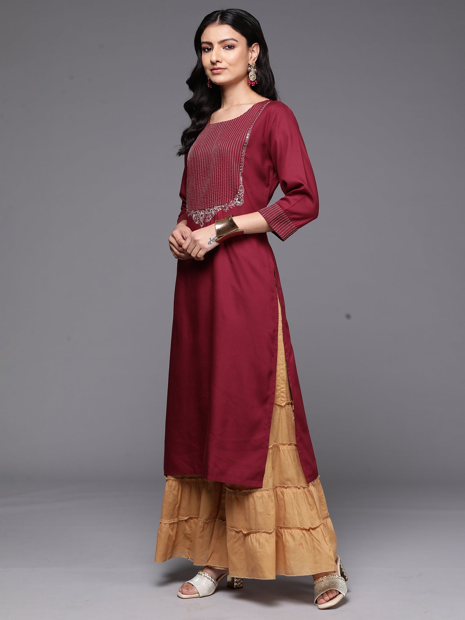 Indo Era Burgundy Embroidered Straight Kurta