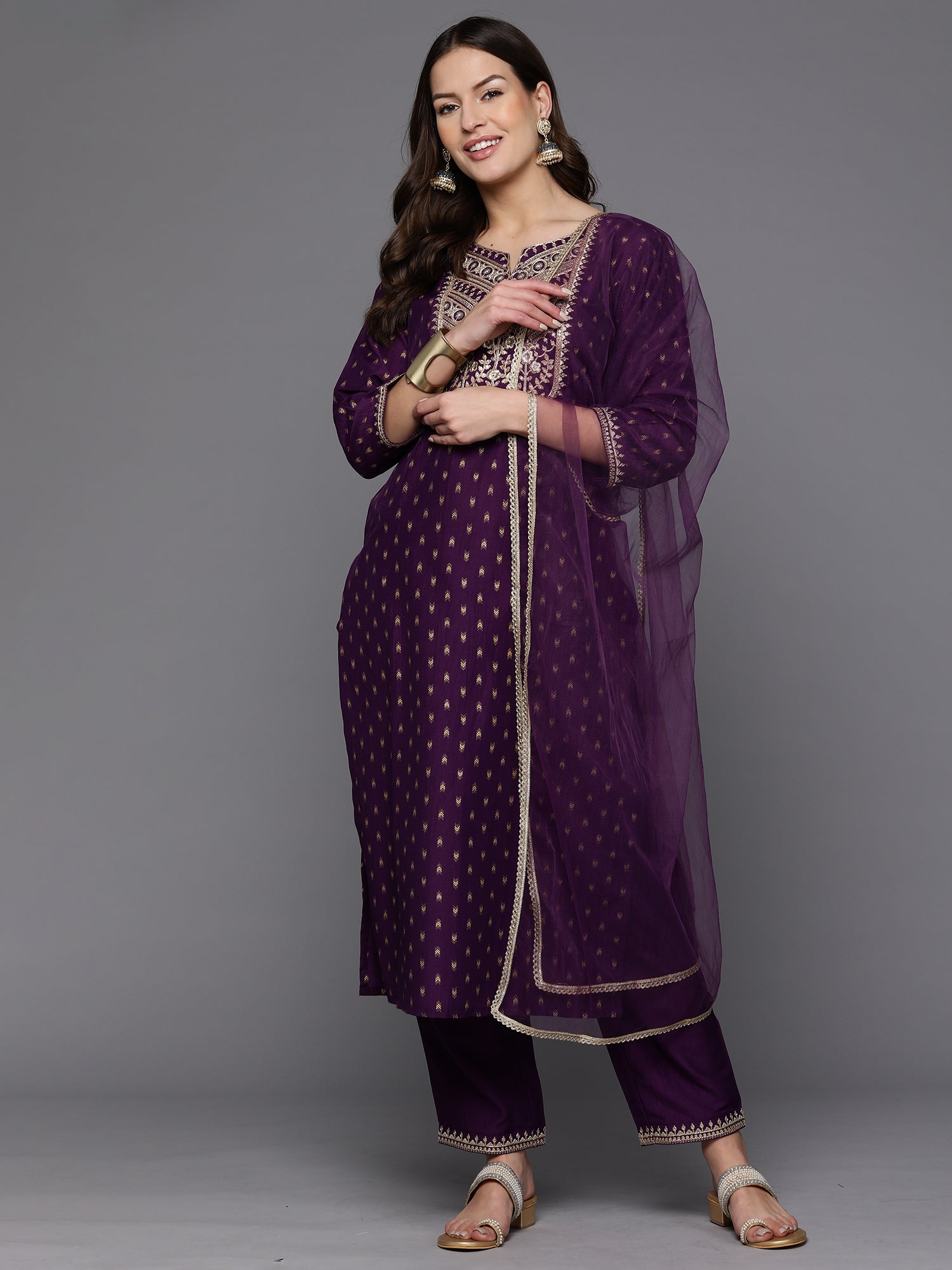Indo Era Purple Embroidered Straight Kurta Trousers With Dupatta Set