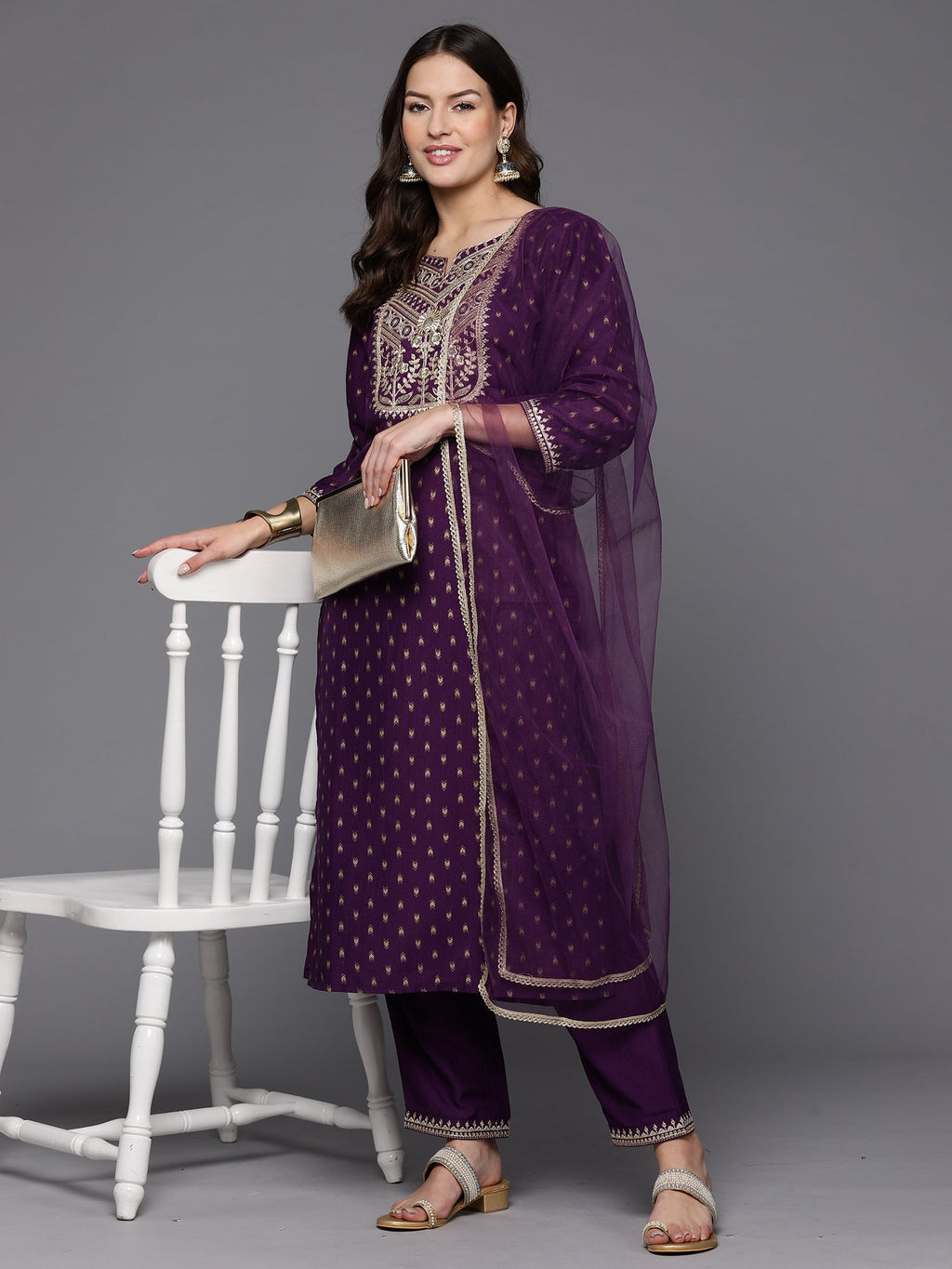 Indo Era Purple Embroidered Straight Kurta Trousers With Dupatta Set