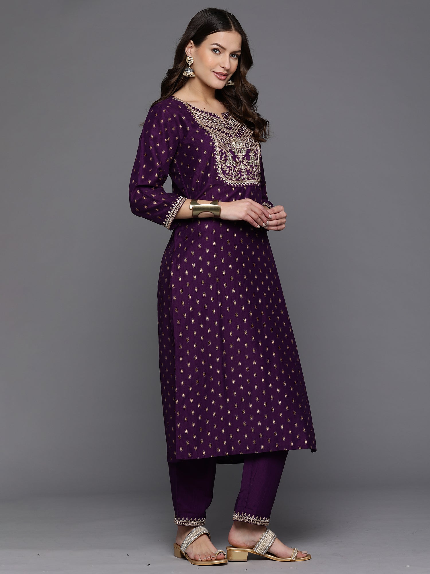 Indo Era Purple Embroidered Straight Kurta Trousers With Dupatta Set