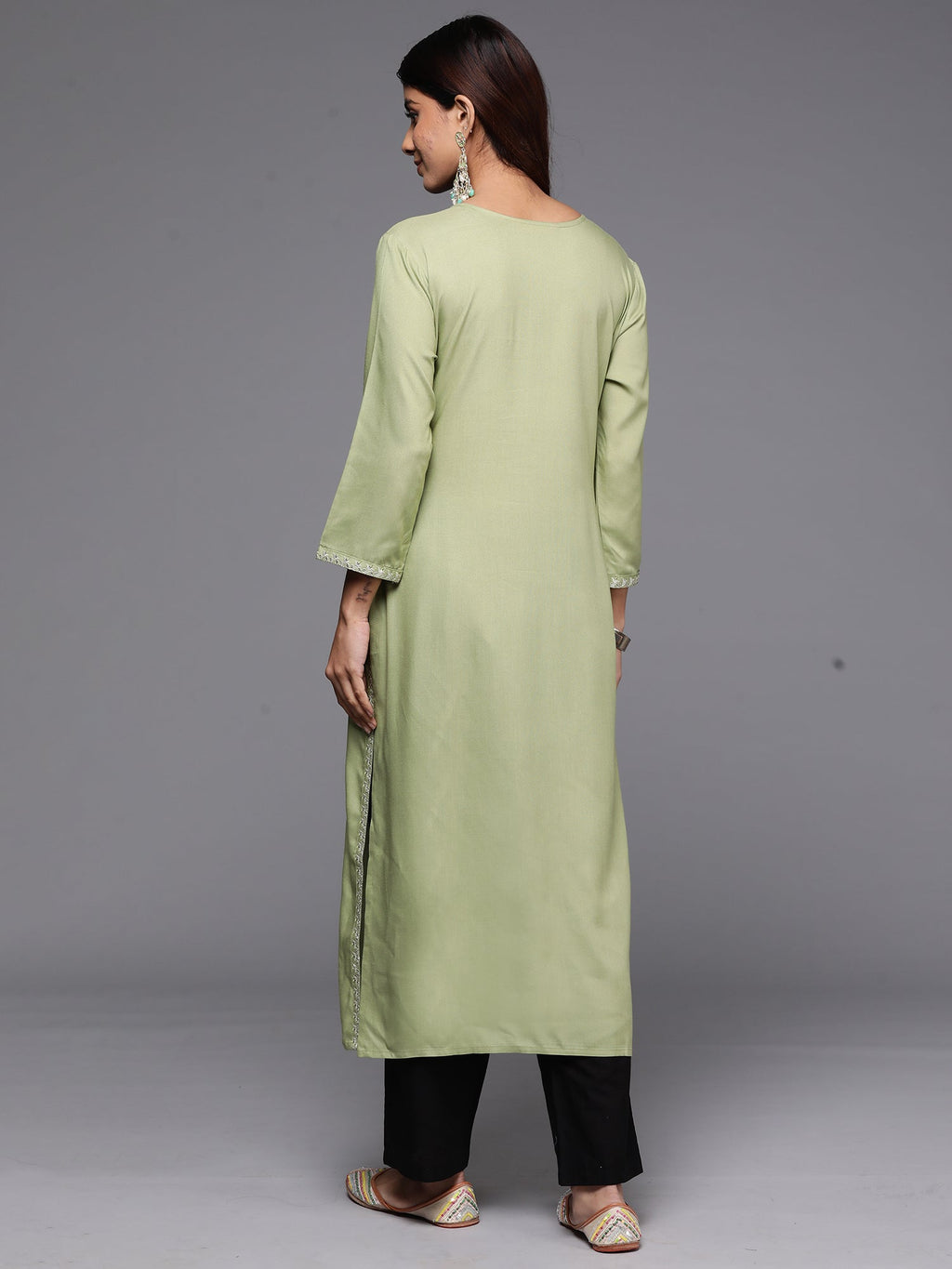 Indo Era Green Embroidered Straight Kurta