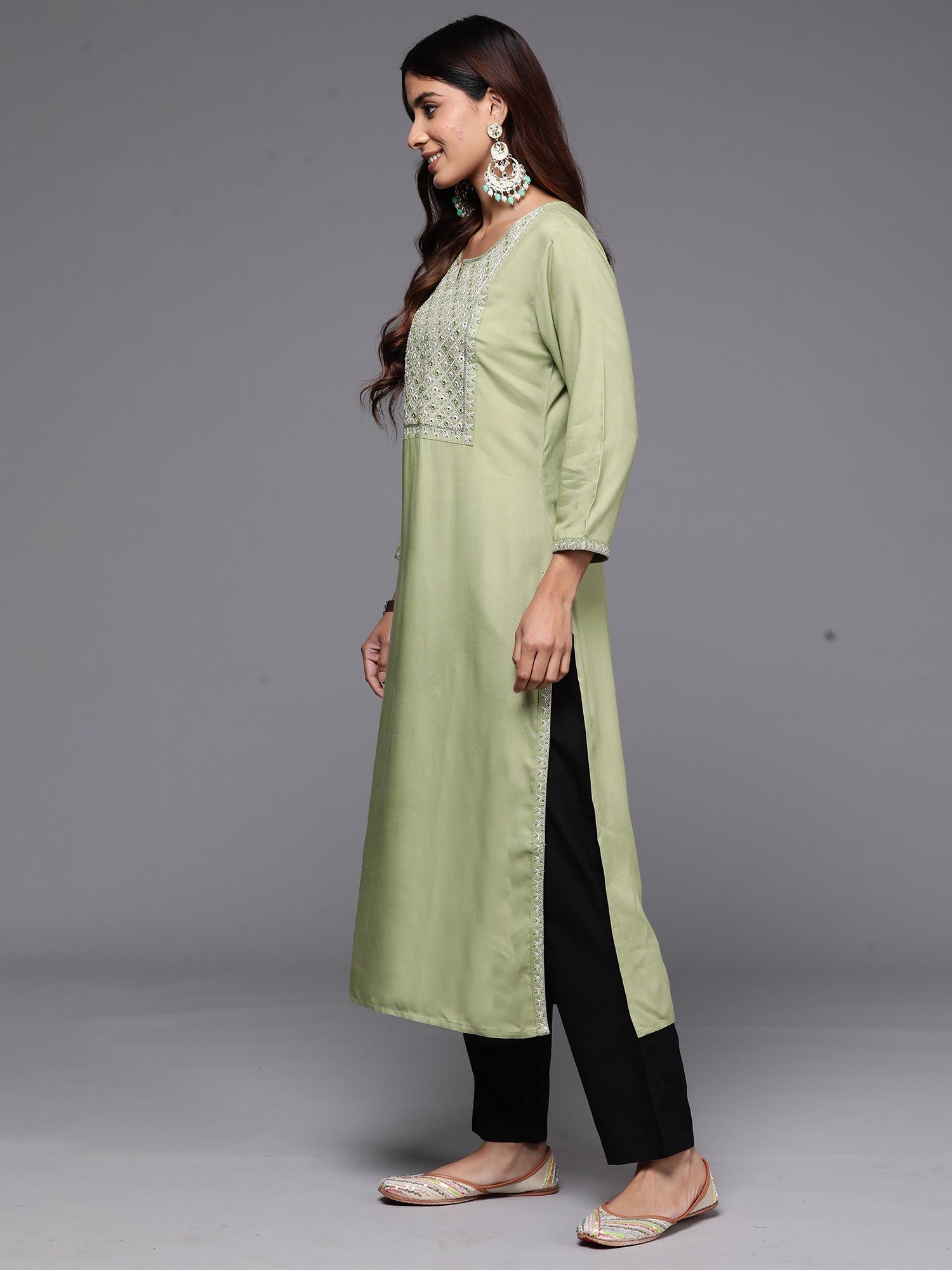 Indo Era Green Embroidered Straight Kurta