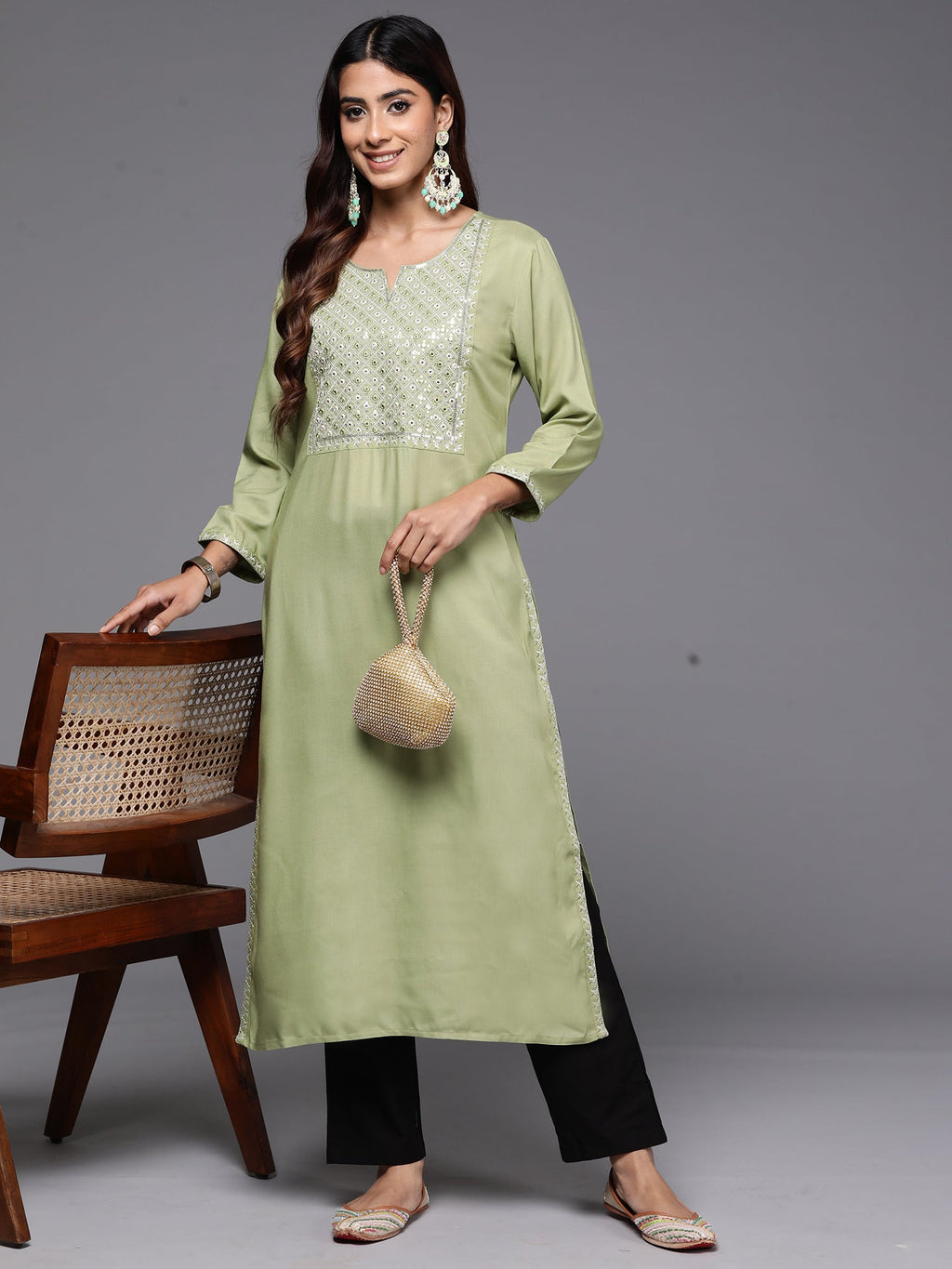 Indo Era Green Embroidered Straight Kurta