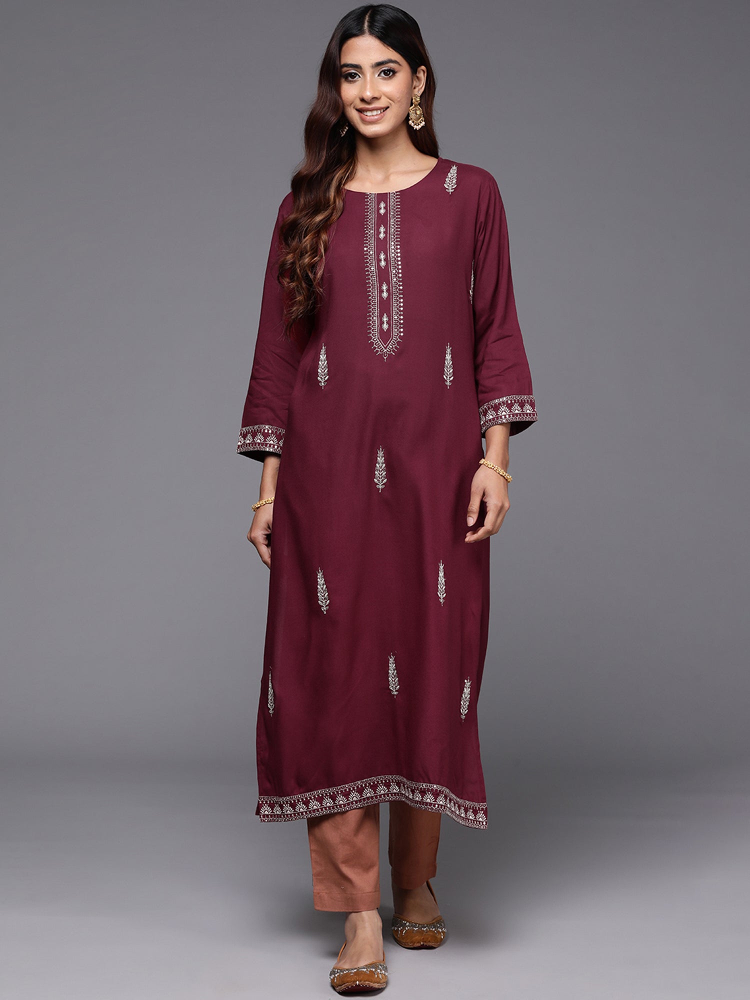 Indo Era Maroon Embroidered Straight Kurta