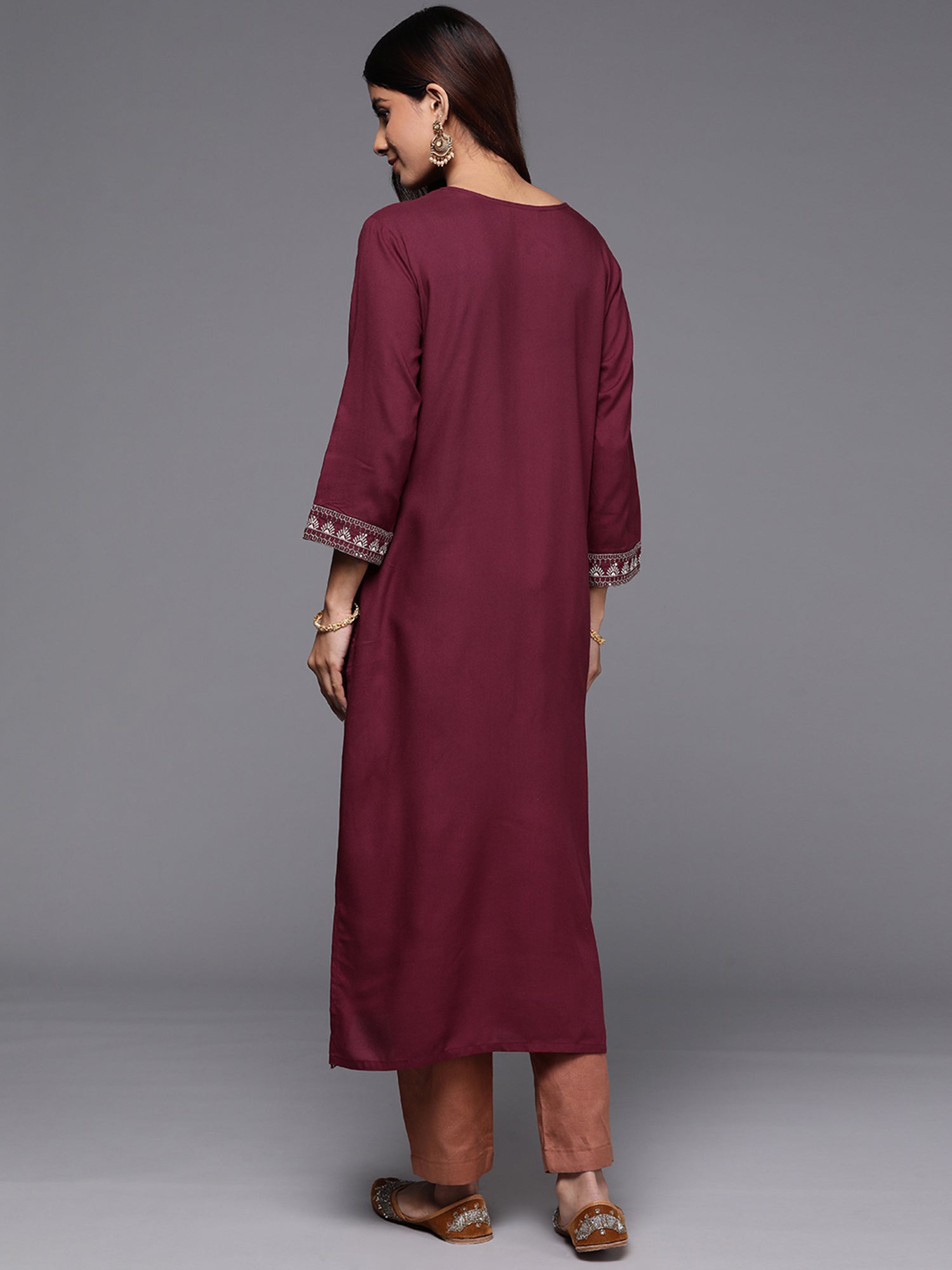 Indo Era Maroon Embroidered Straight Kurta