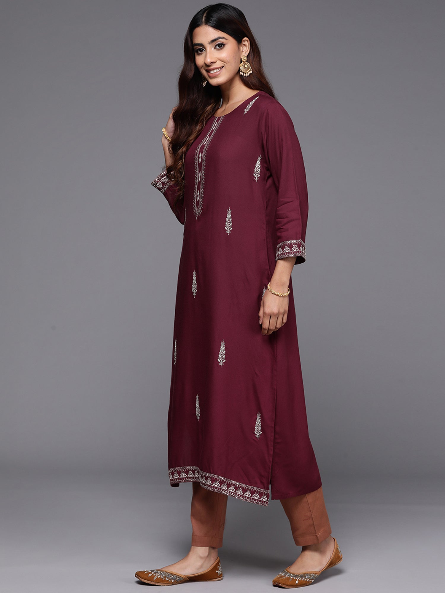 Indo Era Maroon Embroidered Straight Kurta