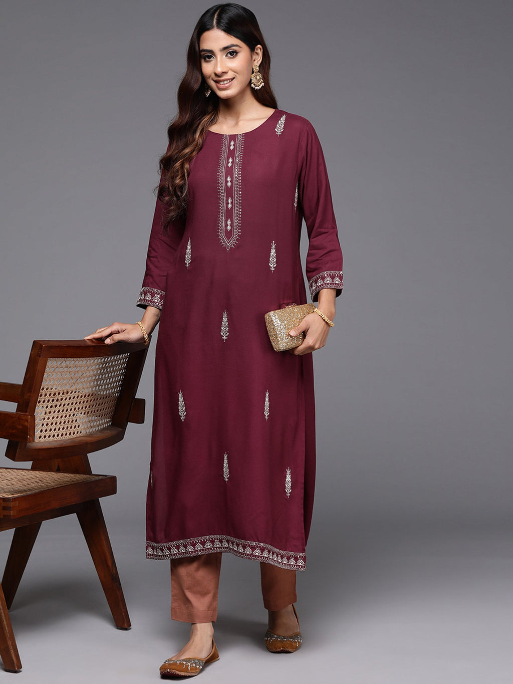 Indo Era Maroon Embroidered Straight Kurta
