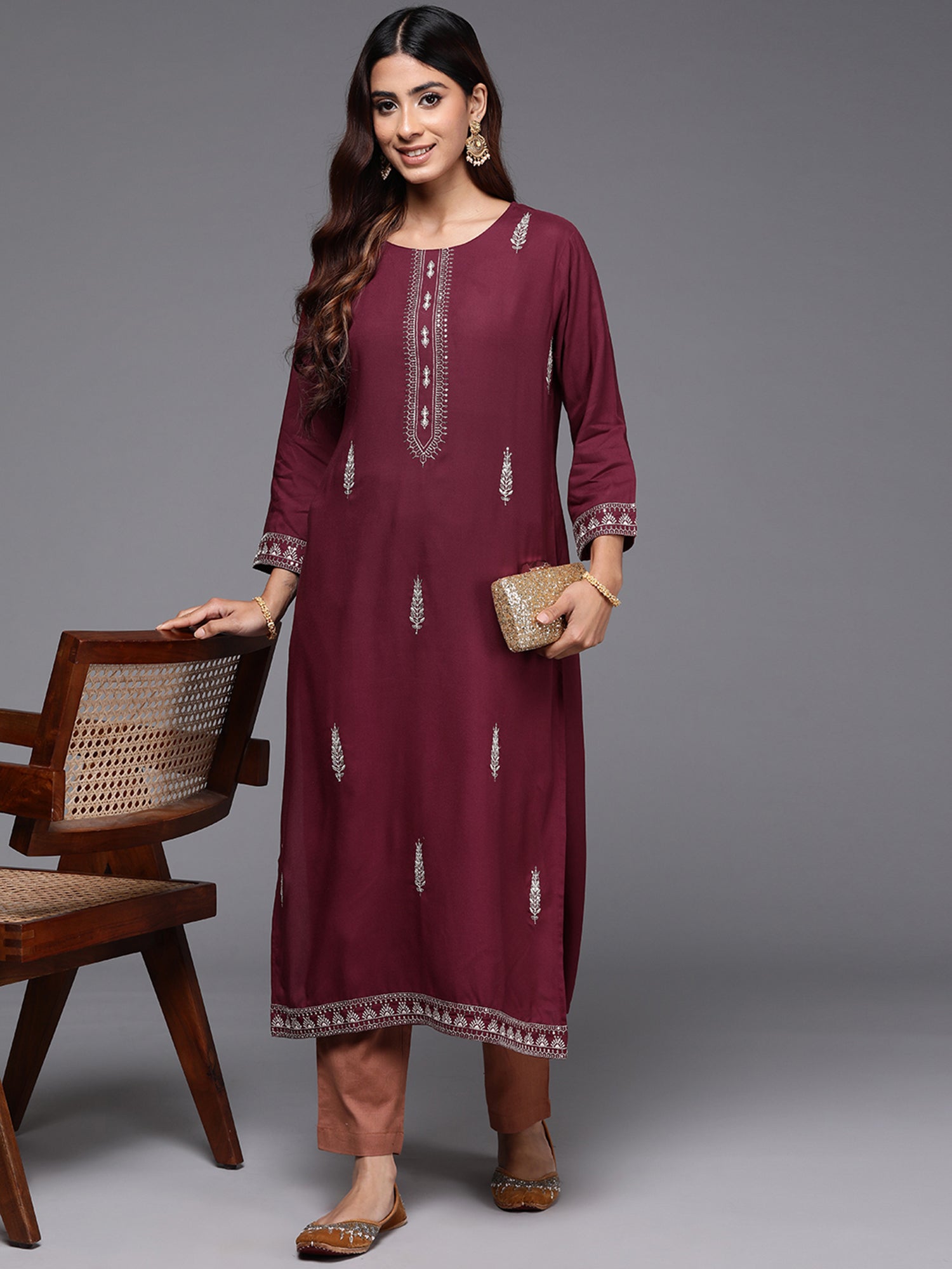Indo Era Maroon Embroidered Straight Kurta
