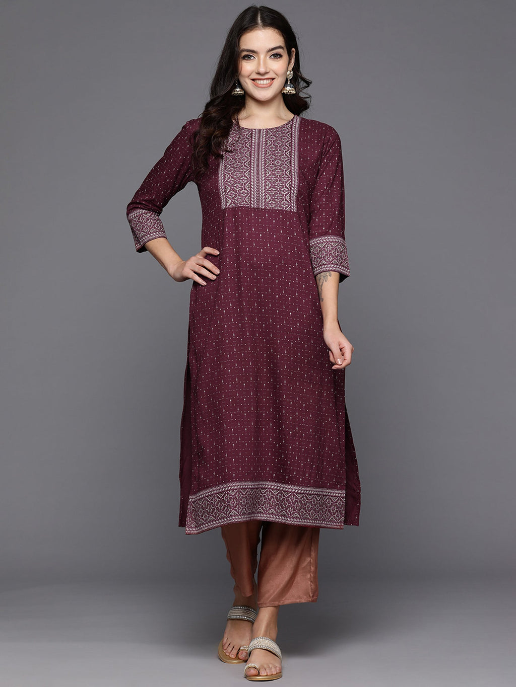 Indo Era Maroon Embellished Straight Kurta